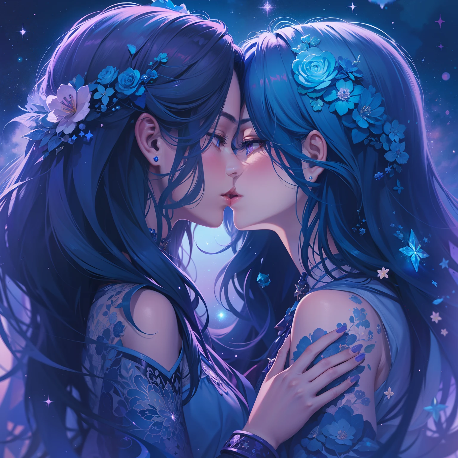 adesivo, fundo simples, portrait, 2 girls, couple, kissing, girl with long hair, beautiful galaxy girl, galaxy aesthetic, beautiful girl, very beautiful fantasy art, beautiful and elegant female galaxy, beautiful detailed fantasy, purple and blue color palate, purple color-theme