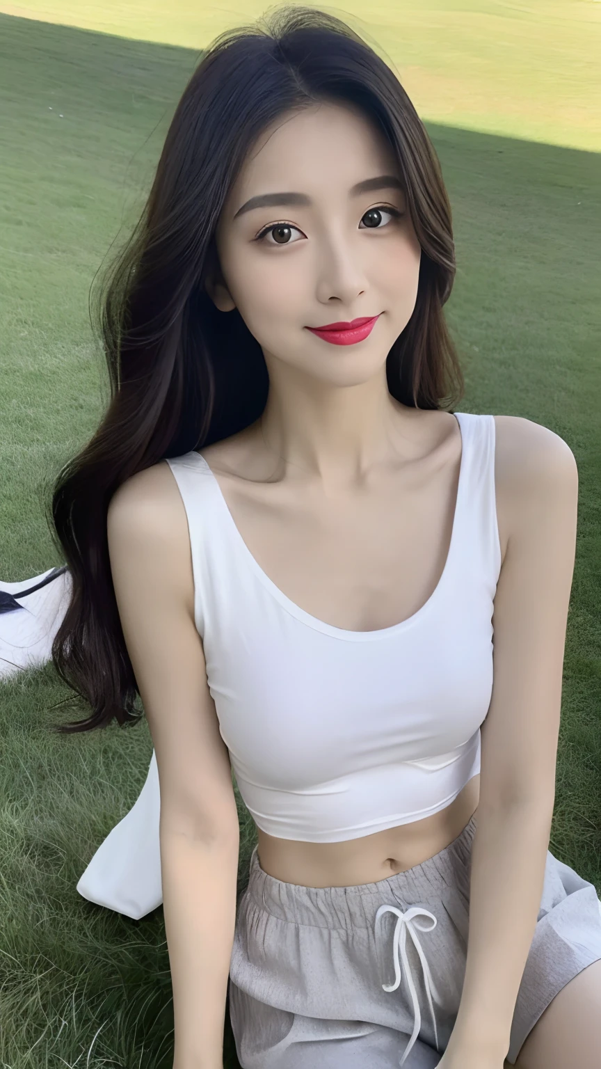 ((best qualtiy, 8K, tmasterpiece:1.3)), A pretty maiden，Pure，Melon seed face，gentle and cute，A sweet smile，Pure desire，Thin stature，(frontage)，(Tilt your head)，staring right into camera，Light gray top，(sweat shorts)，Cropped shirt，Open navel，Short-sleeved，Light gray shirt，Tight shirt，Light white top，Black silky long, Straight hair，Long hair flowing over the shoulders，round black big eyes，Clear big eyes，Hydrated red lips，Sweet，Half-sitting，with blue sky and white clouds，grassy fields，lawns