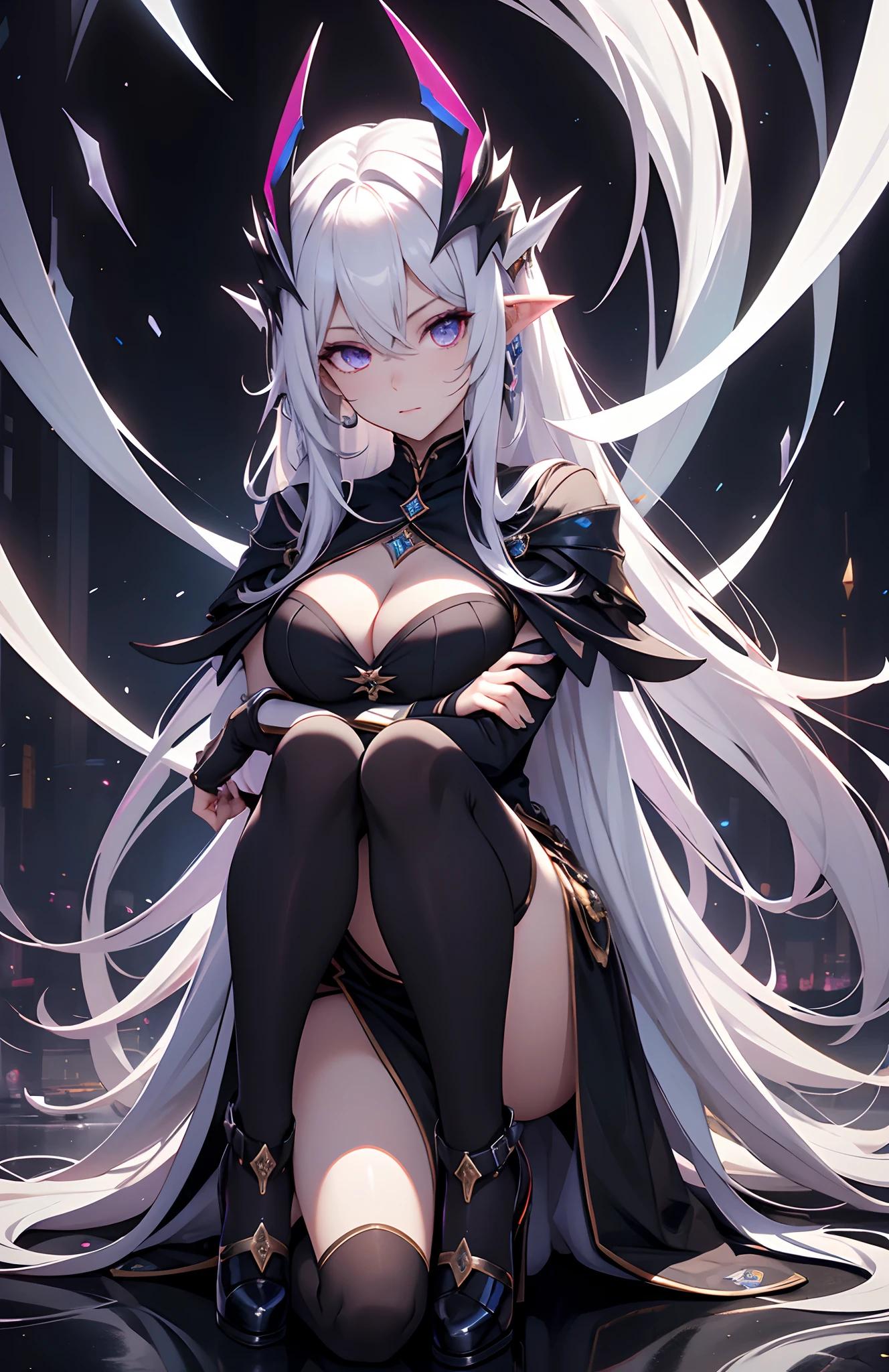 best qualityer,tmasterpiece,Ultimate resolution,downy,Extremely colorful,Colorful,Night,dark night background,Long flowing white hair,(Dark Elves+),a matural female,Black pedal socks,(heeled sandals),Kneeling in a normal position