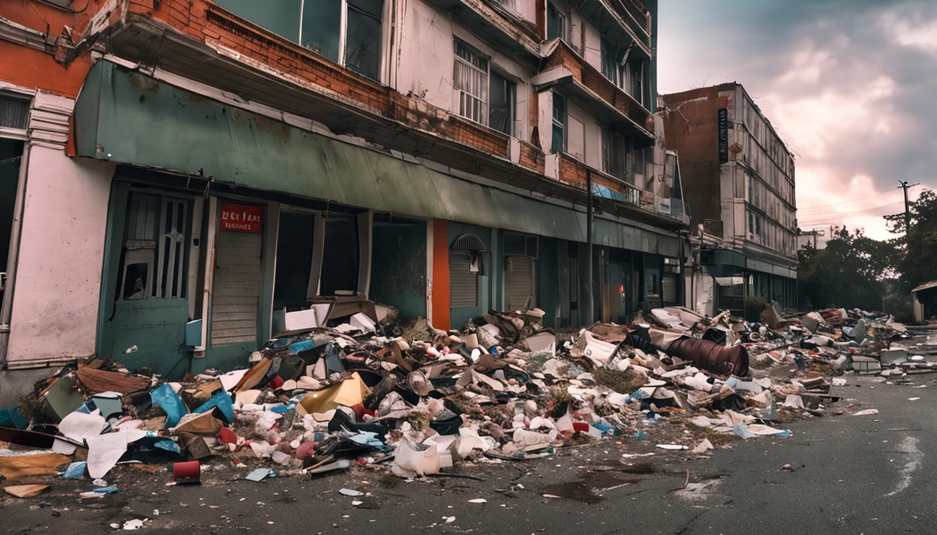 Neglected hotel seen from the street with garbage scattered and the building lacking maintenance