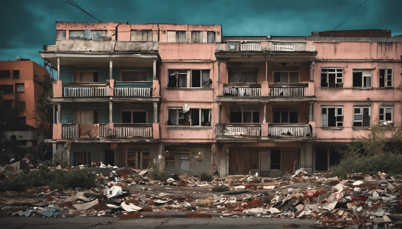 Neglected hotel seen from the street with garbage scattered and the building lacking maintenance