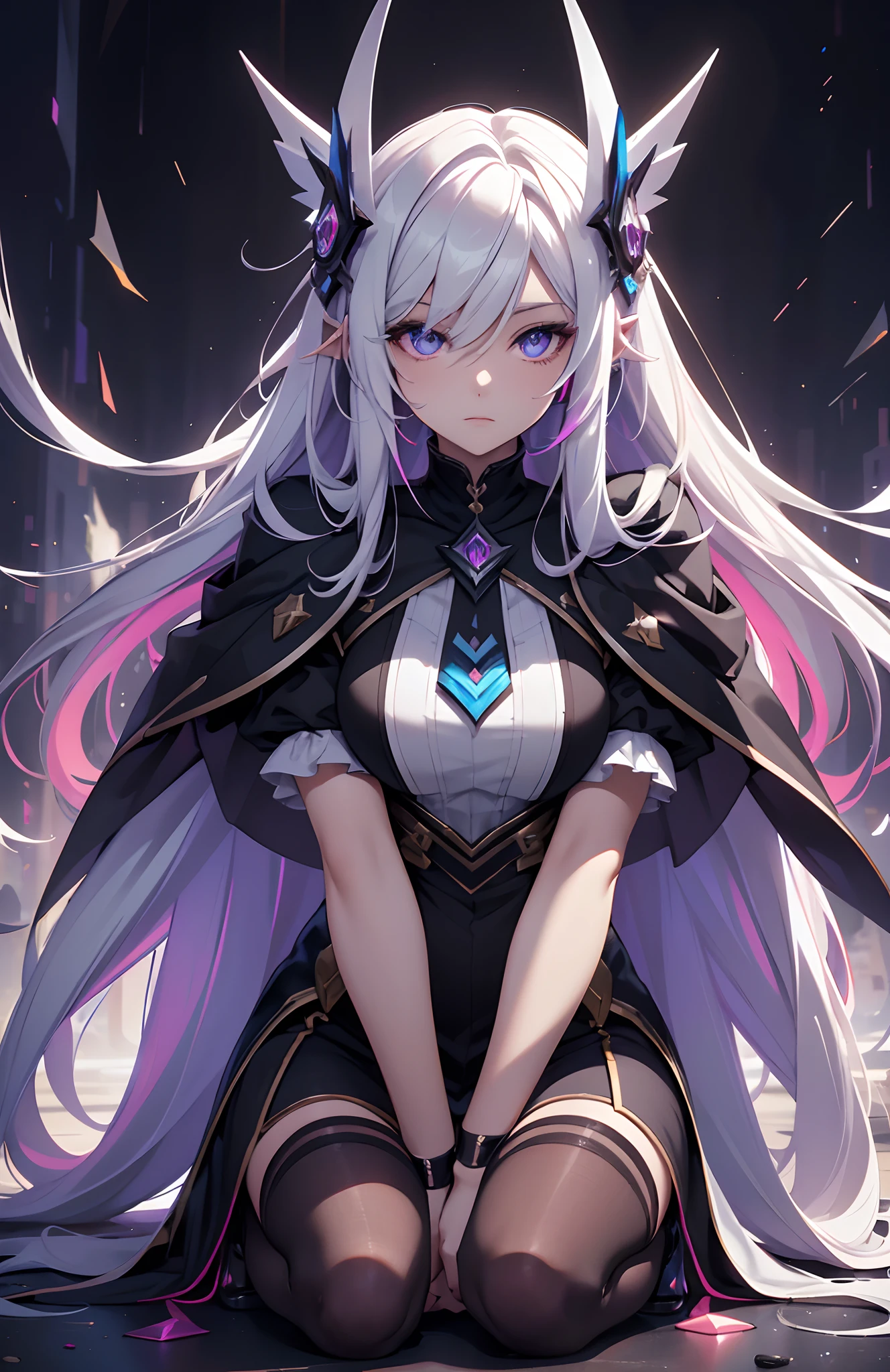 best qualityer，tmasterpiece，Ultimate resolution，downy，Extremely colorful，Colorful，Night，dark night background，Long flowing white hair，(Dark Elves+)，a matural female，Black pedal socks，（heeled sandals），Kneeling in a normal position