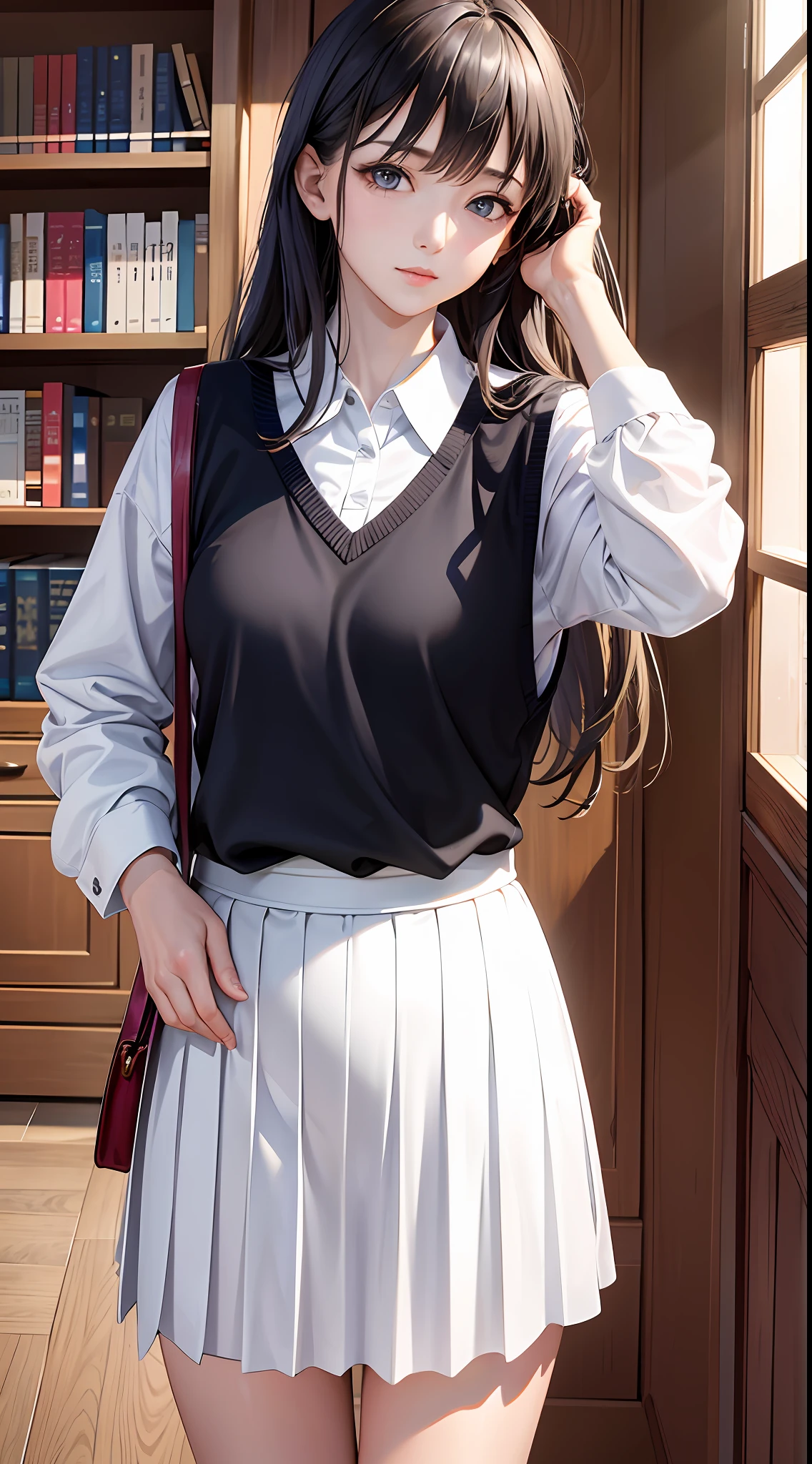 Masterpiece, Best quality, 超高分辨率, (Photorealistic:1.4), Beautiful lighting, RAW photo, 8K UHD, hyperdetailed face, realistic lightning, Beautiful girl, Sweet girl, ((wearing white shirt and long pleated skirt)), library, Long shot, Shy, hiding face behind book,