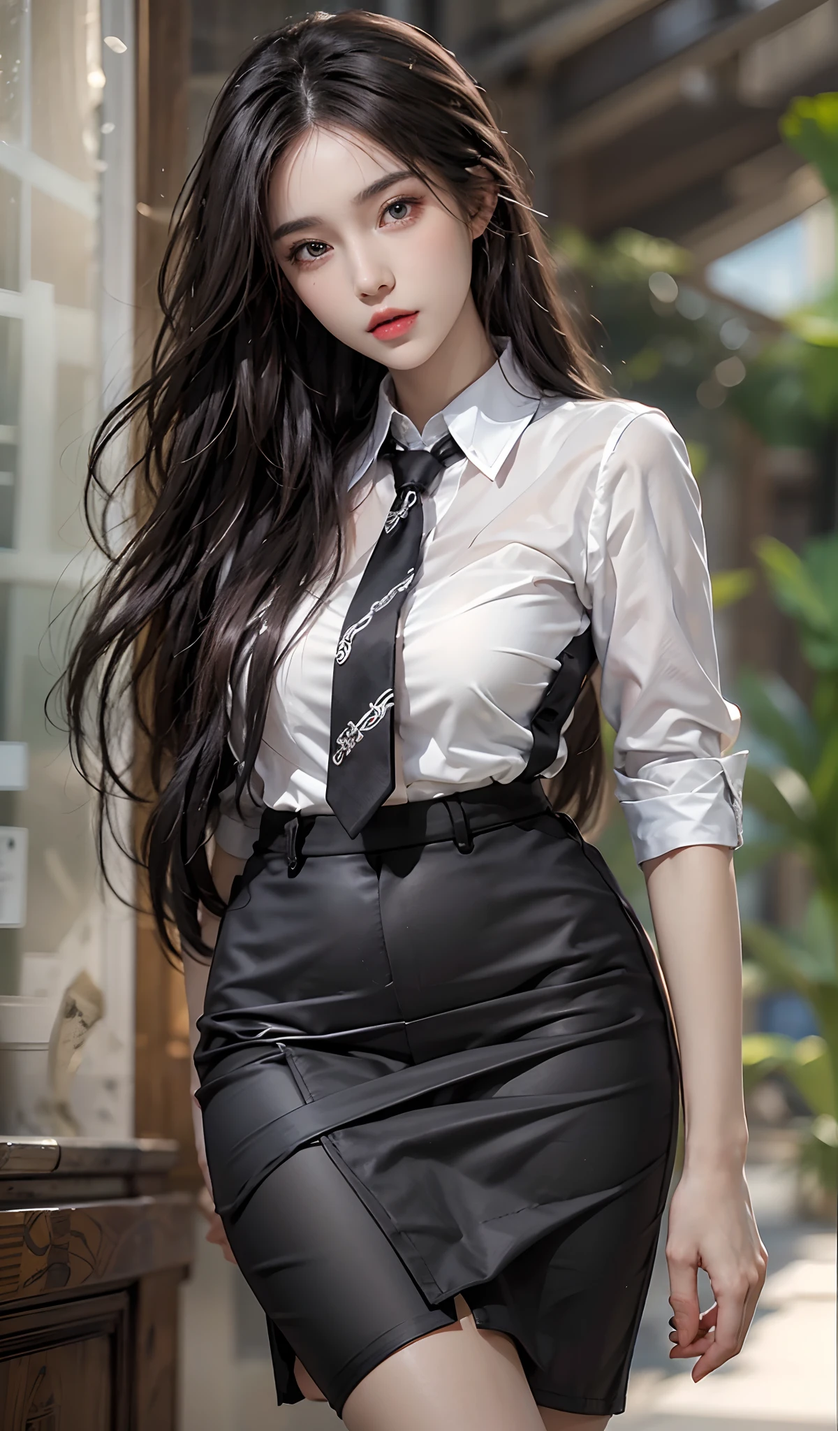 Photorealistic, high resolution, 1 Women, Solo, Hips up, view the viewer, (Detailed face), Beautiful eyes, Detailed face, White hair, Long hair, Collared shirt, black necktie,Black skirt, pencil skirts, Black stockings