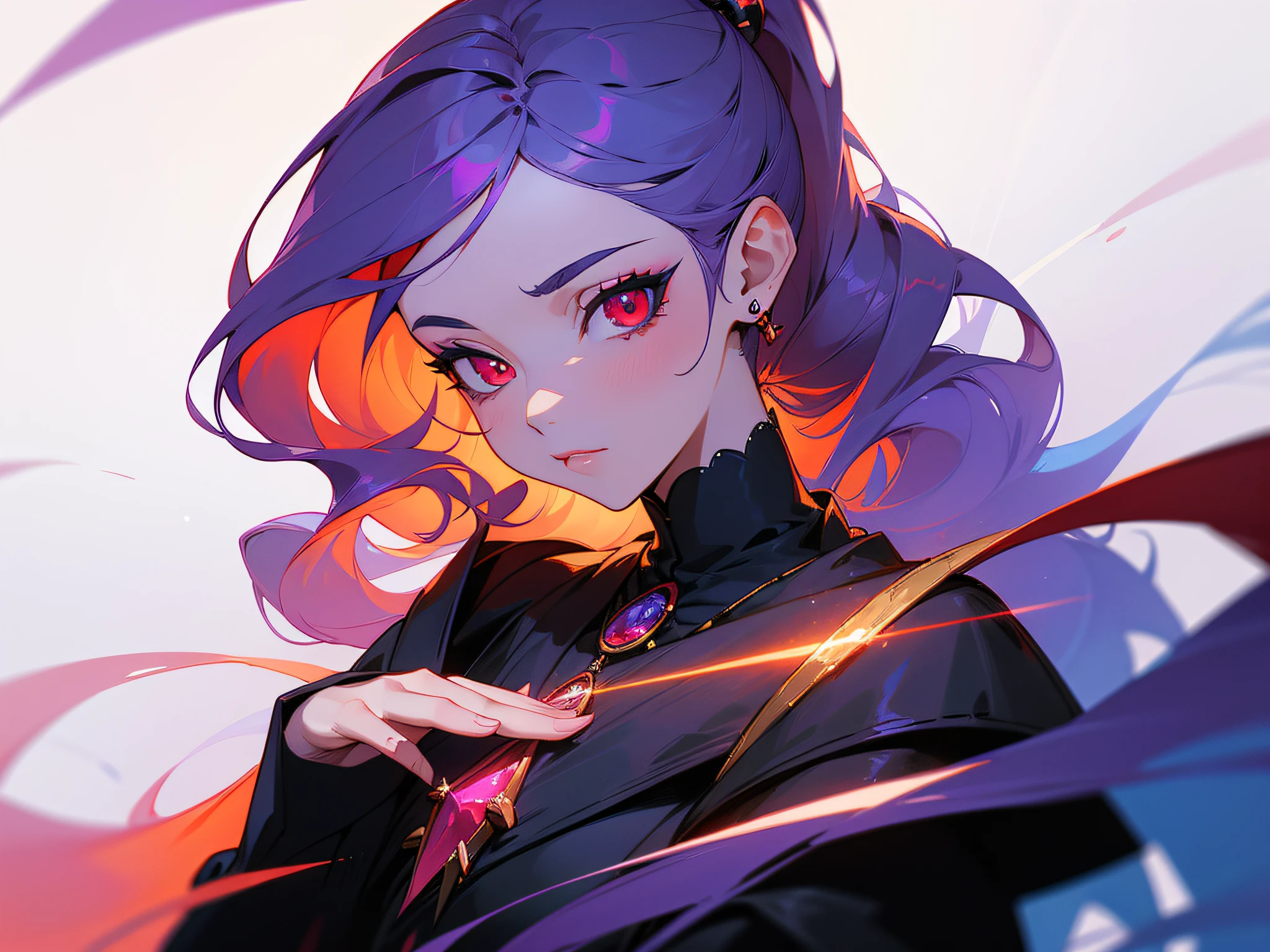 ((tmasterpiece)), (((beste-Qualit))), ((ultradetailed)), ((illustartion)), [The light effect of realism], eye shadow, (fantasy style), (whitebackground), Simple background, illustartion, 1 girl, conjures, Magic, sly look, Majestic view (multi-colored hair, Hair gradient, Hair color from blue to peach, without bangs, curly curl on the cheek, hairstyle: high ponytail, long tail), The eyes are crimson-red, Warm light, wide eyes, Lashes, side glance, Crystal hair, glass hair, Tanzanite, Glowing Hair, Fantasy clothing, Necromancer's Clothes, Necromancer Wizard, necromancy, black and red clothing, Bone jewelry on clothes, galaxy, Additional lighting