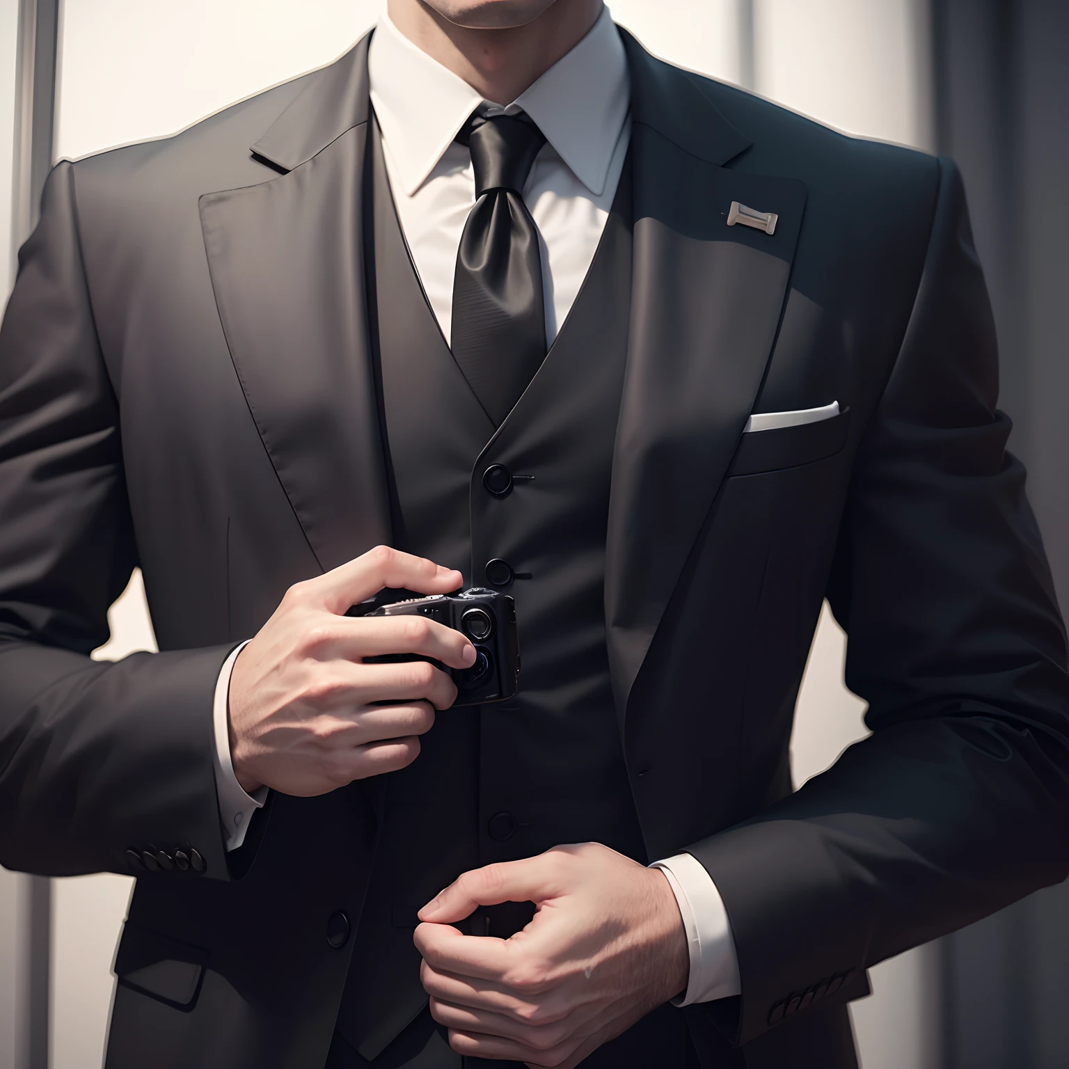 Man in black suit tie, Holding the camera in hand, Cinematic, 8K