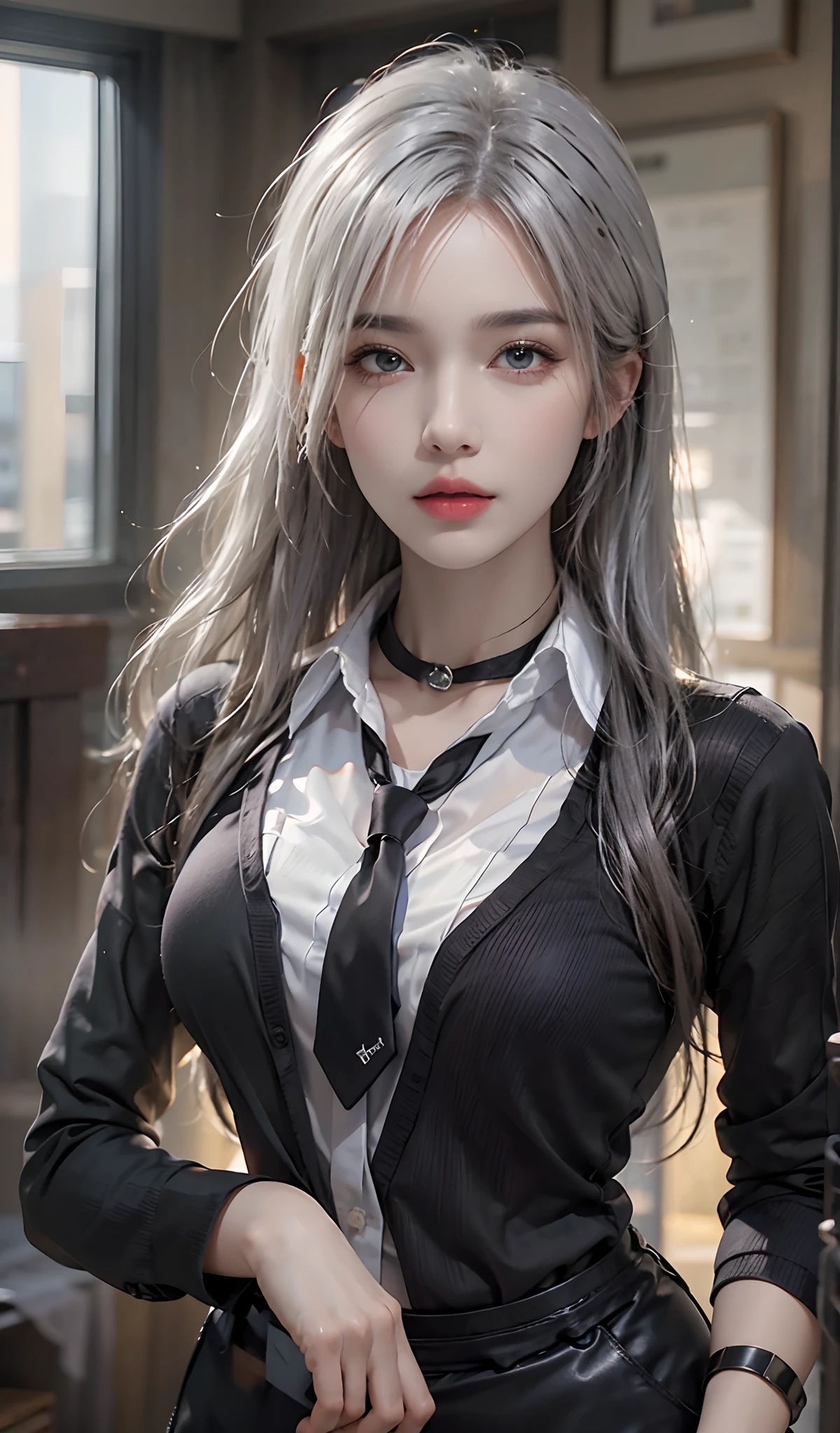 Photorealistic, high resolution, 1 Women, Solo, Hips up, view the viewer, (Detailed face), Beautiful eyes, Detailed face, White hair, Long hair, Collared shirt, black necktie，Black skirt, pencil skirts, Black stockings