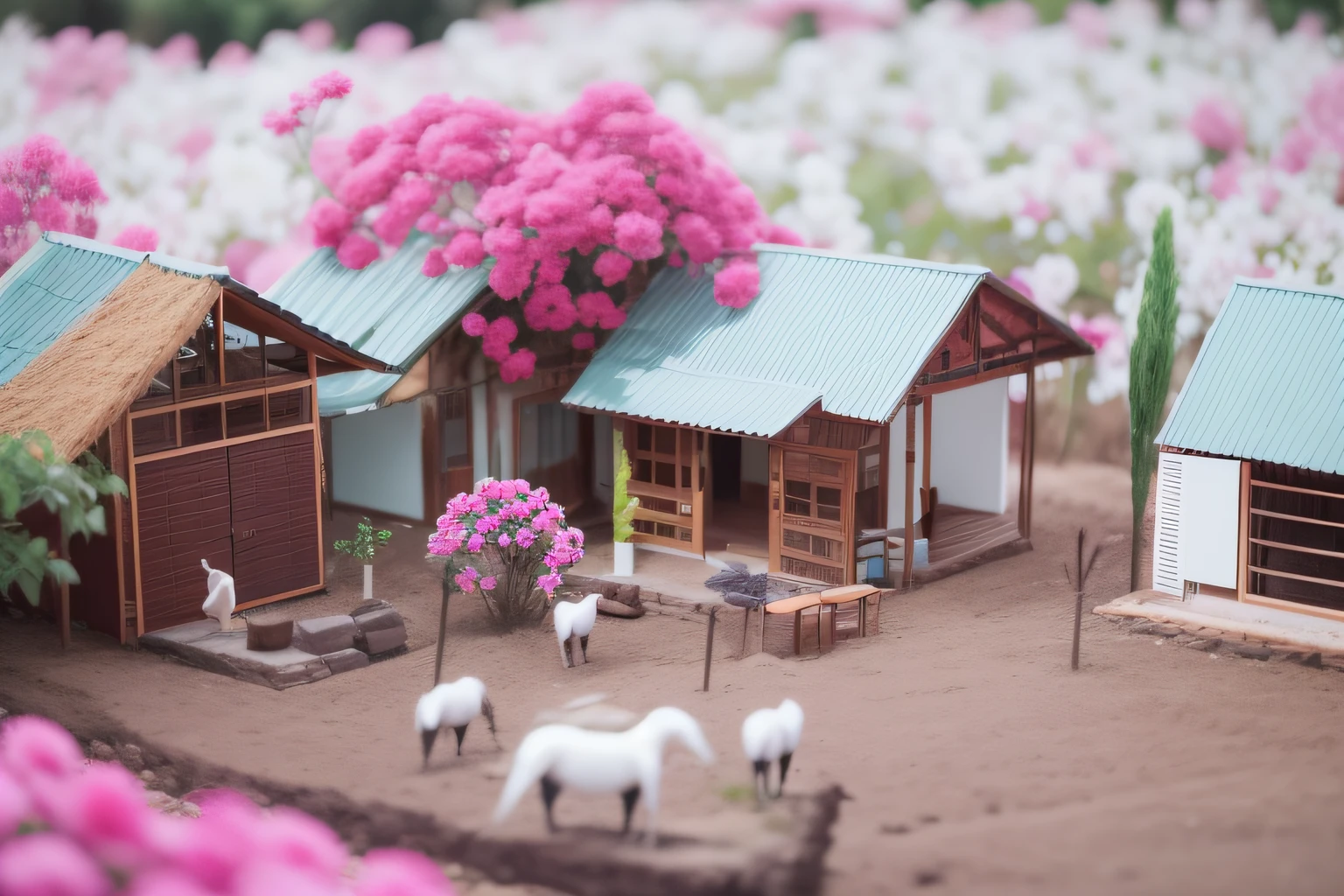 Maquete de fazenda. Uma maquete com casa pequenas. Fazenda. Plantas cor de rosa. Fazenda. Floresta rosa. Muitas Plantas cor de rosa. Animais. Plantations. Hortas. Plantations , maquete.