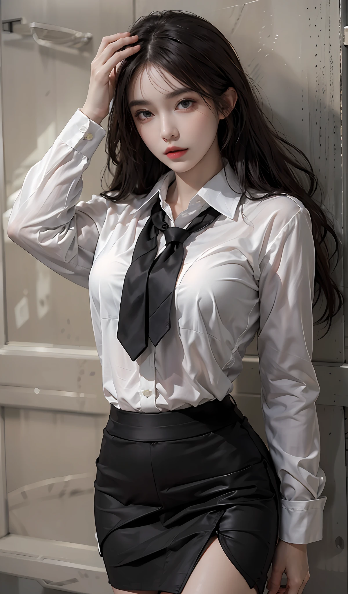 Photorealistic, high resolution, 1 Women, Solo, Hips up, Beautiful eyes, Detailed face, White hair, Long hair, Collared shirt, black necktie,Black skirt, pencil skirts, Fur coat, Black stockings