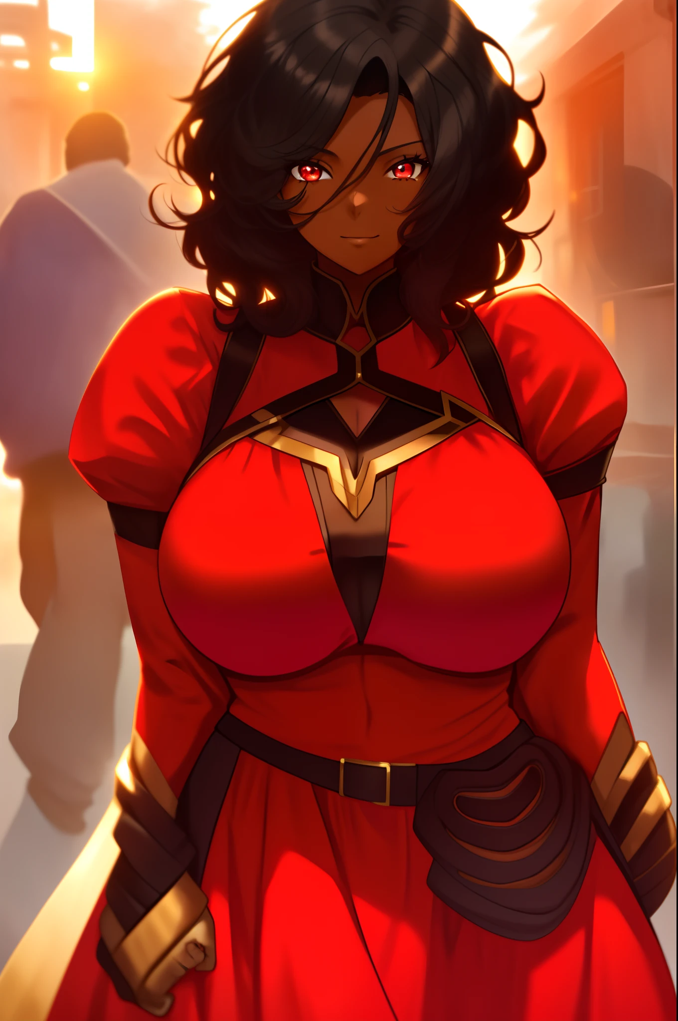 masterpiece, best quality, a mature older black busty girl( dark-skinned female, curvy, body frame and weight, voluptuous body build, very huge breasts, wide hips, thick hips, black dress, red eyes, black hair (waist-length, curled)), next to her daughter(dark-skinned female, petite, short, red eyes, black hair(neck-length, curled), red dress), movie still, 2girls, close-up, bright, happy, warm soft lighting, sunset, (sparks:0.7)