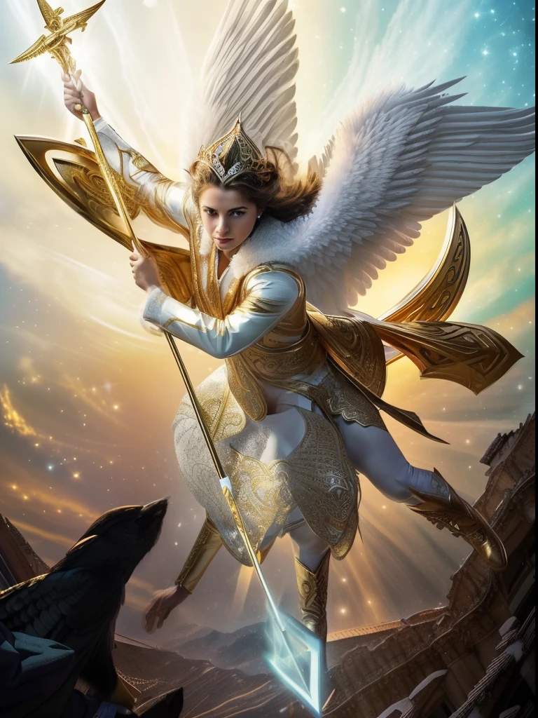 ((Archangel Saint Michael young very Masculine. 19 years old))) ((( Con una cara seria y piadosa. Con una mirada dulce y tierna))) (obra maestra, calidad superior, mejor calidad, arte oficial, beautiful and aesthetic: 1.2), (1girl), extremadamente detallado, (Arte fractal: 1.3), colorido, highest detailed, Cara perfecta, parte superior del cuerpo, HDR, (orando: 1.3), (golden lines of white coat: 1.2), galaxia, (rayas de luz), eye-catching visuals, (dynamic stripes, senderos luminosos: 1.2), colores vibrantes,