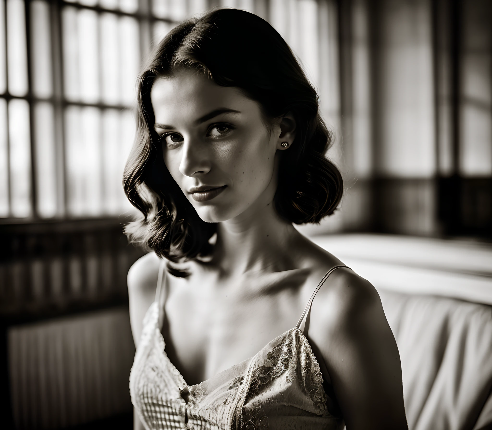 solo portrait photo of a real life Gorgeous, sexy 20 year old girl dressed in a 1930s dress, real skin,
dark fantasy background, charming smirking
by Ando Fuchs and Julius Horsthuis ultra realistic highly detailed intricate photorealistic analog style photograph sharp focus on eyes, cinematic lighting