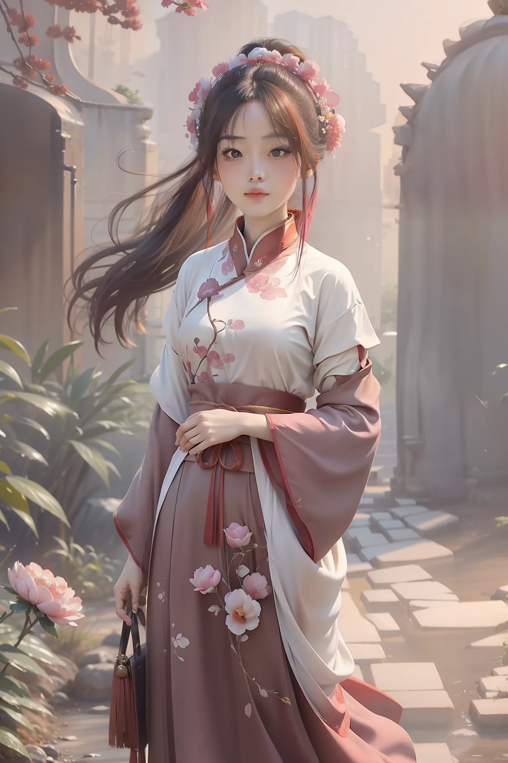 A beautiful Chinese girl, wearing peony hair accessories, wearing ancient Chinese clothing, beautiful details, rich light, beautiful female body, lancet eyebrow, meticulous eyes, flowing skirt, floating clouds, watercolor, ink painting, harmonious and unified tone, Xin Qi rendering, perfect art, fresh color background, ancient Chinese artist Qiu Ying style, soft shadow, Clean sharp focus, cinematography, center composition, poster design, cinematography, Panorama, 32K, -- v 6