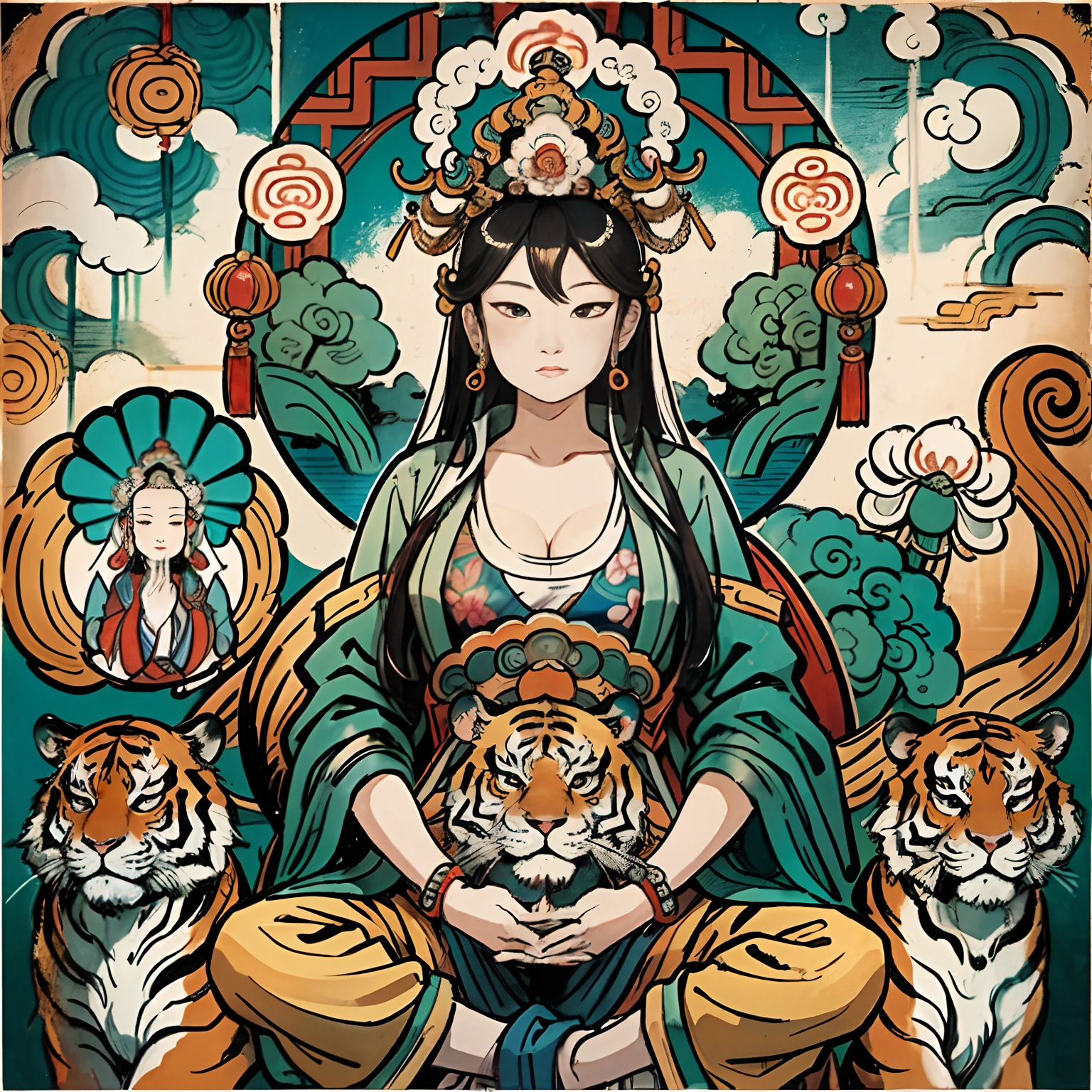 an ancient Chinese goddess, guanyin of the southern seas, Guanyin, Inspired by India, Avalokiteshvara rides a tiger，,Serene expression,shui mo hua,Buddha,Buddhist,Lotus,Chinese painting style,Thangka style