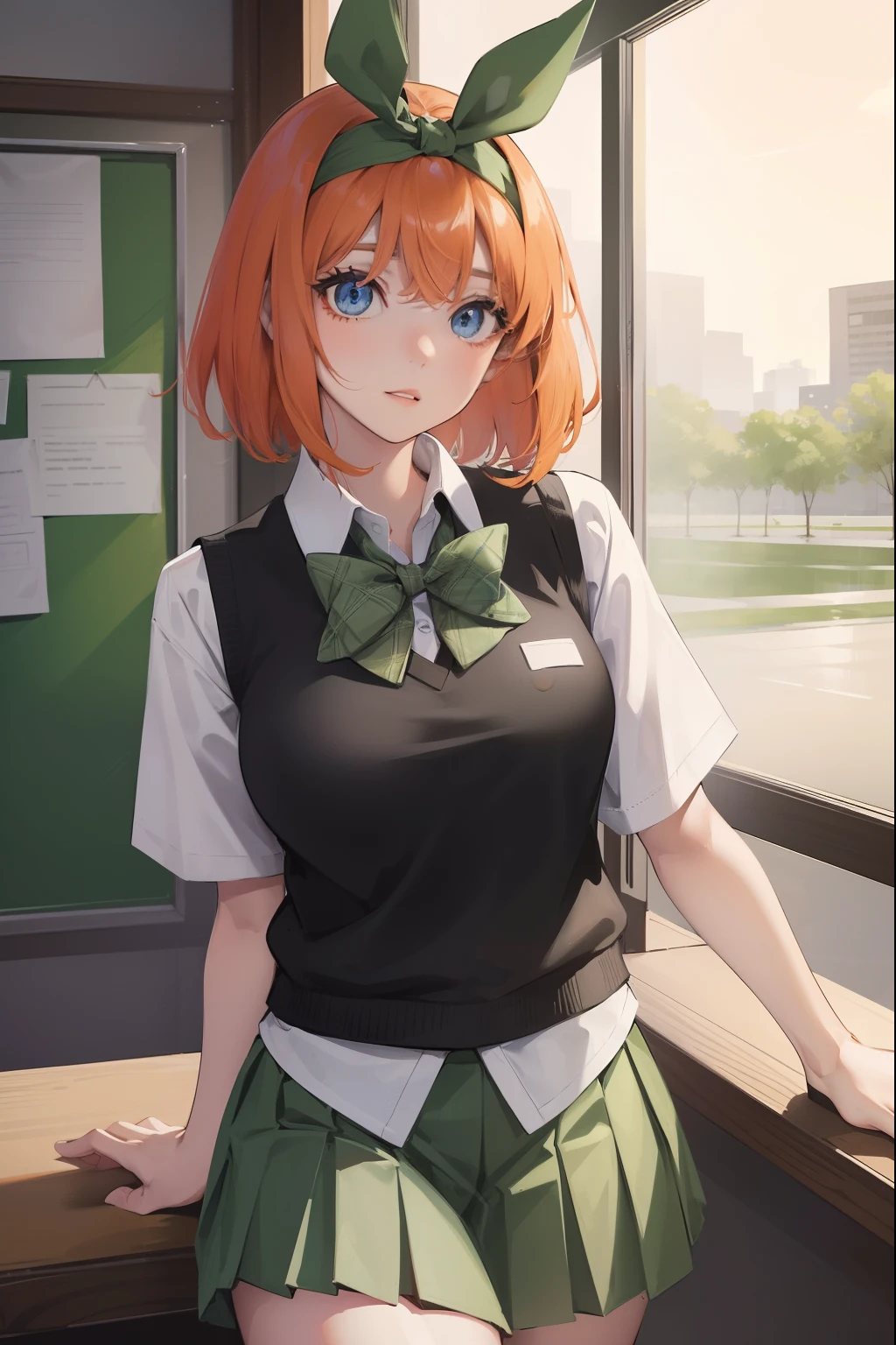 yotsubanakano, yotsuba nakano, bangs, short hair, blue eyes, hair between eyes, hair ribbon, hairband, orange hair, green ribbon,
BREAK skirt, shirt, bow, ribbon, school uniform, white shirt, short sleeves, pleated skirt, shoes, socks, collared shirt, miniskirt, bowtie, black footwear, kneehighs, green skirt, black socks, loafers, green bow, sweater vest, green ribbon,,
BREAK indoors, classroom,
BREAK looking at viewer, BREAK (masterpiece:1.2), best quality, high resolution, unity 8k wallpaper, (illustration:0.8), (beautiful detailed eyes:1.6), extremely detailed face, perfect lighting, extremely detailed CG, (perfect hands, perfect anatomy),