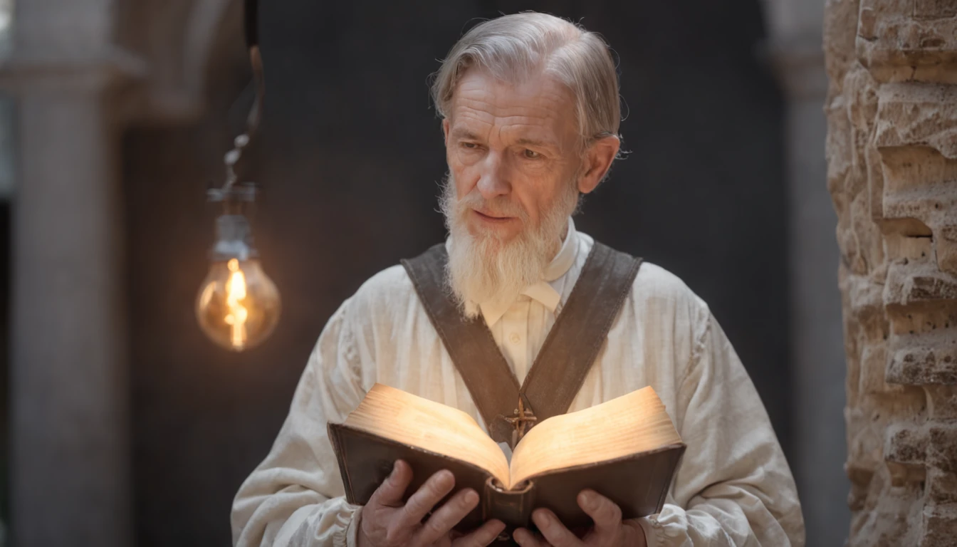 (Bible Times) Enoch holding a luminous book in his hands, as the light spreads around him, a demon at his side (Bible Times) Depth of Field, Bokeh, Realism, Photorealistic, Hyperrealism, Professional Photography, 8k UHD , DSLR, HDR, Piece of Master, Best Quality, Grainy Film, Photorealistic Painting, Fujifilm XT3