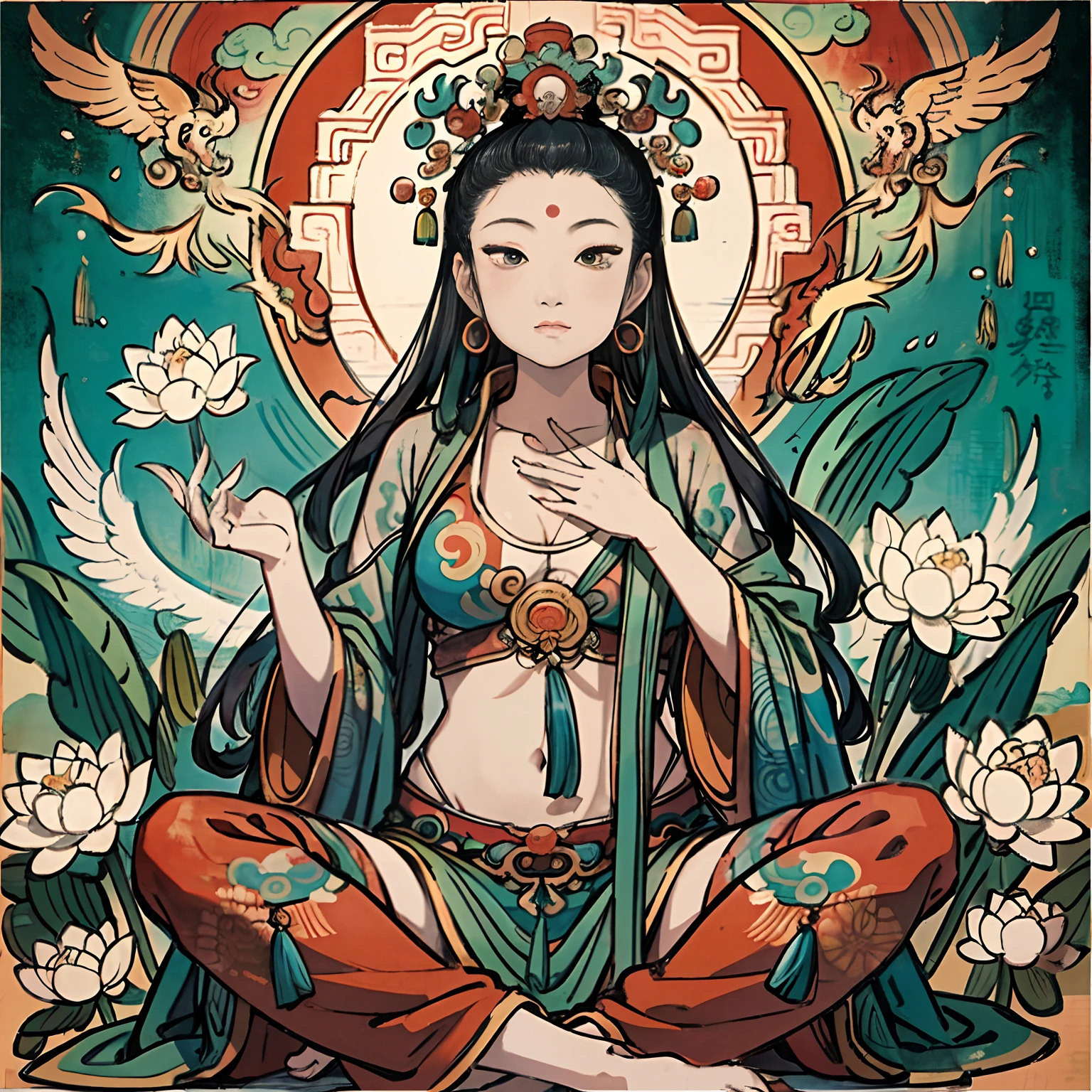 Beautiful naked guanyin sitting on drangon head. The big red sun, nsfw, drangon, water, cloud, fully body naked, frontal, Lotus, Meditation, yoga, Zen, Meditation, anatomy