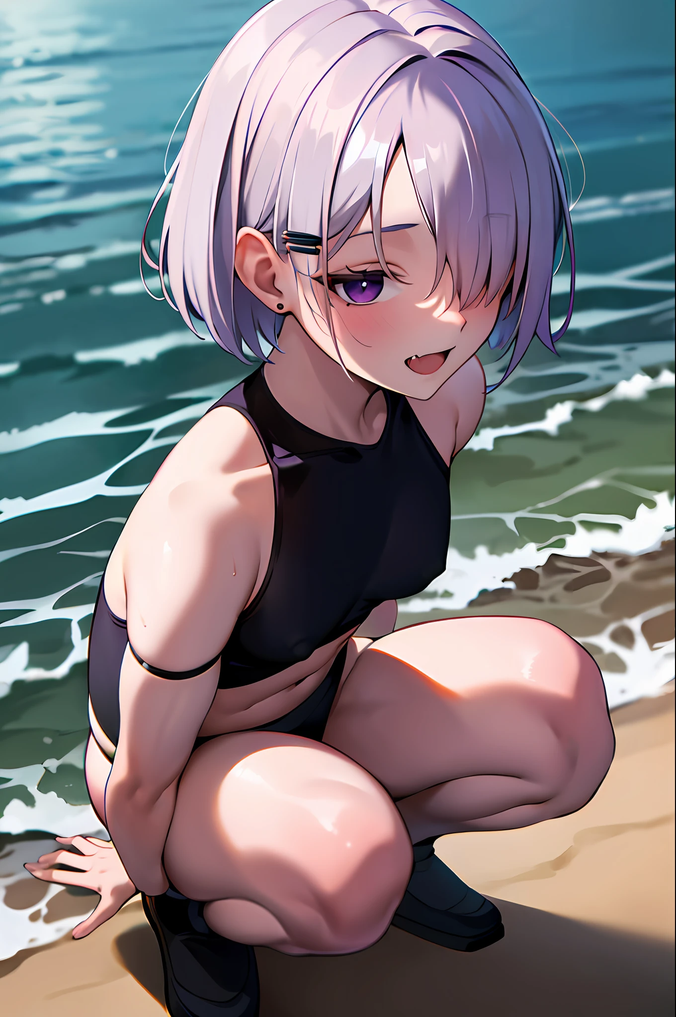 fiona1, spy x family, hair over one eye, masterpiece, best quality, highres, 1girl, solo, fang, skin fang, short hair, (mole on thigh:0.8), bangs, hair behind ear, purple eyes, hair ornament, open mouth, beach, smile, squatting, small chest, short height, , flat chest, small, cleavage, ((bare shoulder)), exposed, loose shirt, navel, presenting armpit