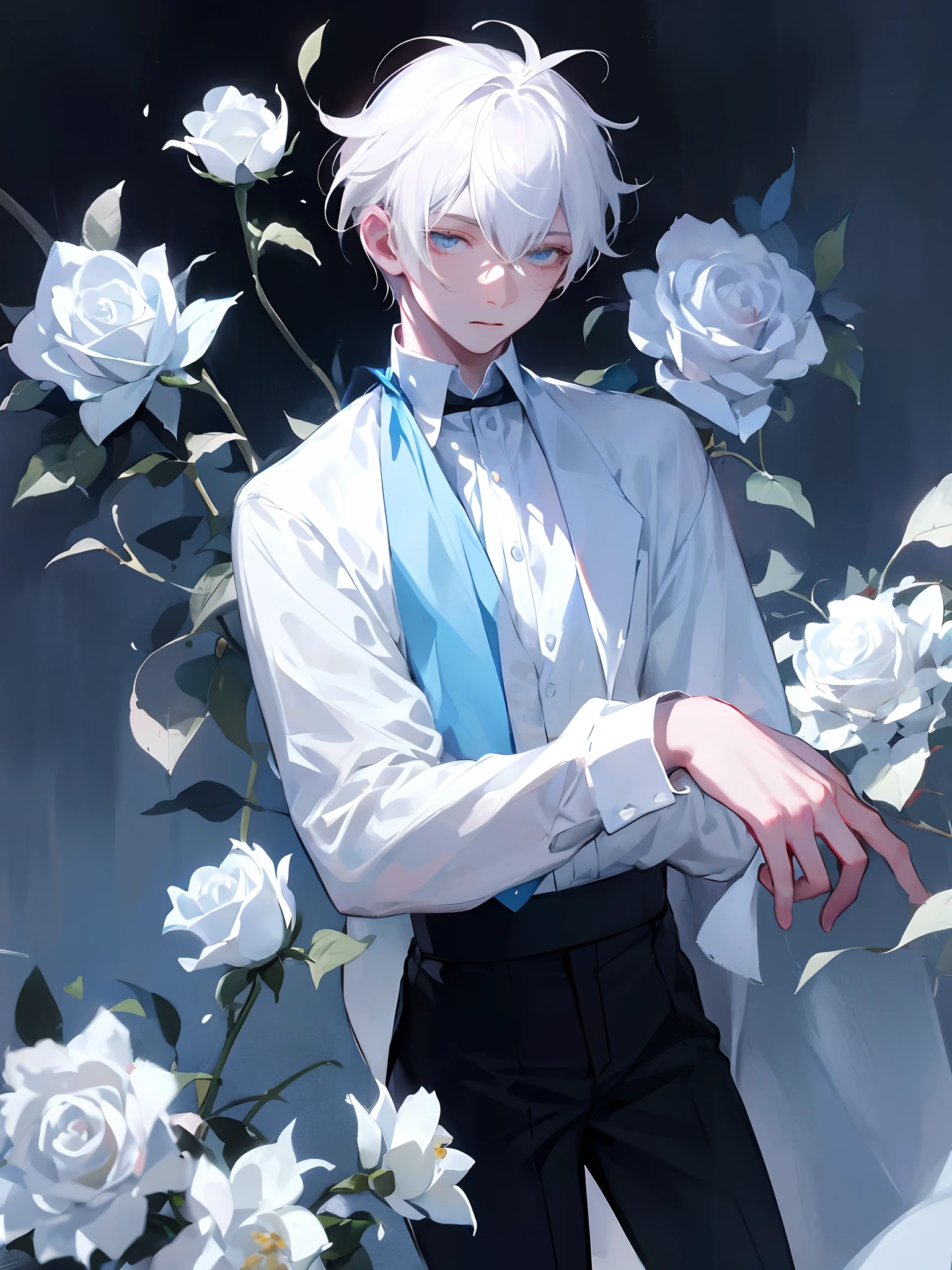 1boy,Male,Young man,Pale teenager,Rose blanche,white shirt,bandagens,bloods,The screen contrast is low,High brightness,White hair,Rose flower,bloods,Light blue leaves