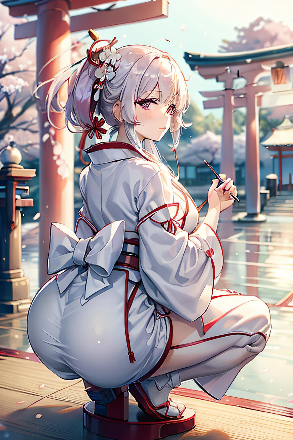 The beauty of the Japan white kimono、Extremely beautiful woman、Squat down and look here、Wearing a white coat and scarlet hakama、Under a very large torii gate、Approach to cherry blossoms in full bloom、Approach with cherry blossoms blooming on both sides、shrine maiden、Extremely beautiful girl