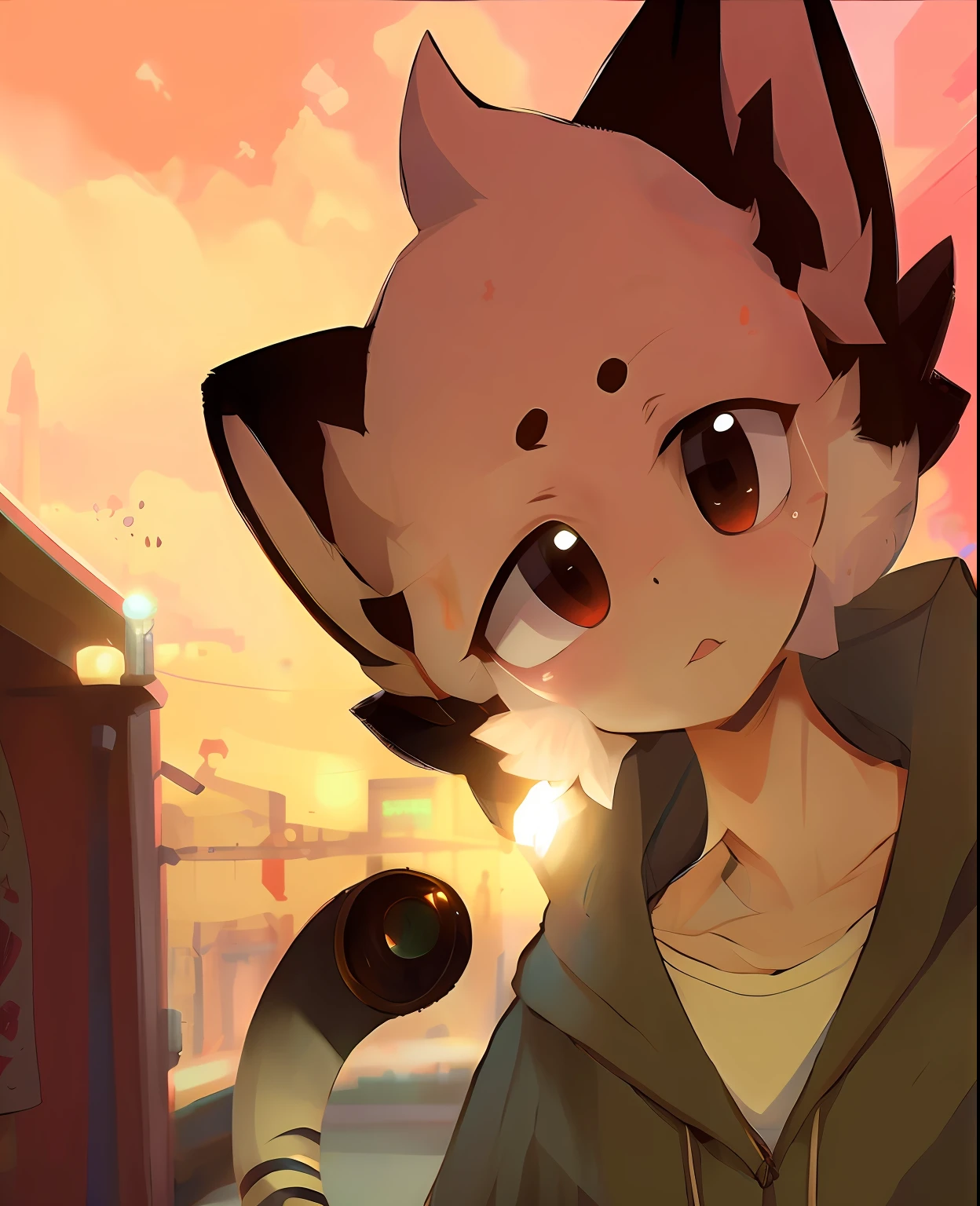 A beautiful avatar portrait of a cute anime,hermaphroditism,brown hair,wearing a hoody. nipple piercing. Brown eyes. character design:Cory Loftis, fenghua zhong, Ryohei Nagase, ismail inceoglu and ruan jia. art stations, volumettic light, Detailed, Photorealistic, fantasy, rendered on octane