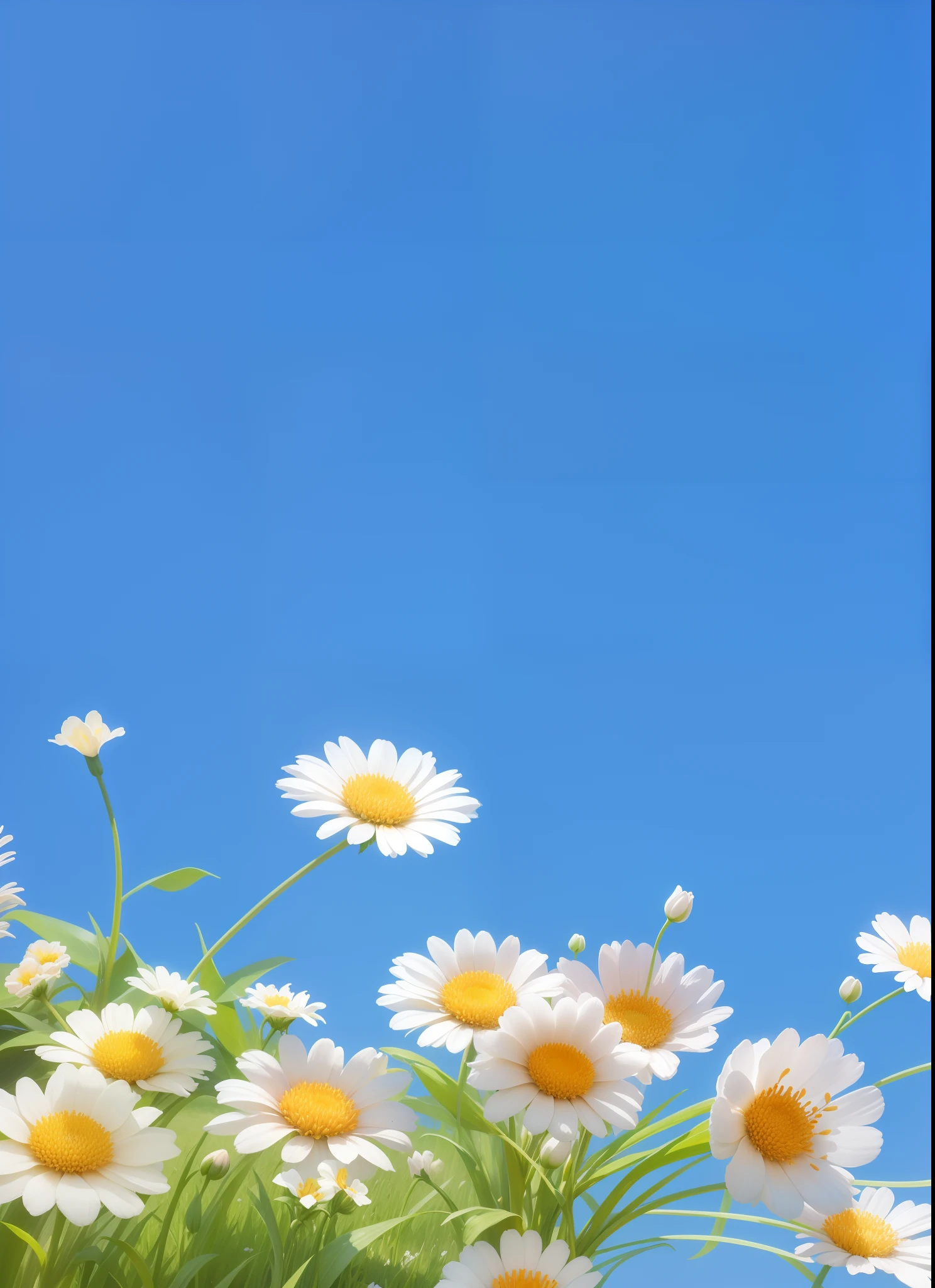 There are many white and yellow flowers in the grass, summer clear blue sky, The flowers are in full bloom,There are clouds in the sky,There are many white and pink flowers in the grass,Margaret flower。