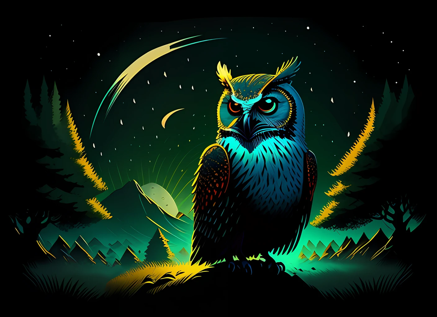 T-shirt design, tatuaje, fondo negro, Centrado en el arte, 2d, Vector, salpicaduras de colores vivos, Detalles intrincados, Maori owl character in black oil decal with wet glow appearance, Noche de luna llena, Medianoche, cementerio, graves, dry trees, Luz de llanta, Edge bullet, Greg Rutkowsk