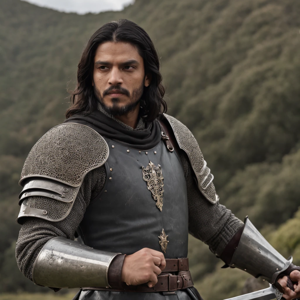 Image of a medieval knight standing on a bridge, segurando uma espada e um escudo. He is wearing heavy armor and has long, black hair. The background is a dark and rocky landscape.

The knight is wearing a heavy armor that is made of metal and leather. Ele tem um capacete com uma crista alta e uma viseira que cobre o rosto. He is also using a sword and a shield. The sword is long and sharp, and the shield is large and round. O cavaleiro tem o cabelo longo e preto, and is wearing a beard. The background is a dark and rocky landscape. There are mountains on the horizon, and there are trees and shrubs in the foreground. The sky is overcast, and there is a dim sunlight.

The art style is cell shading, which is a technique that uses flat colors and strong lines to create a cartoon effect. The cell shading effect is used to give the knight a dark and gothic appearance.