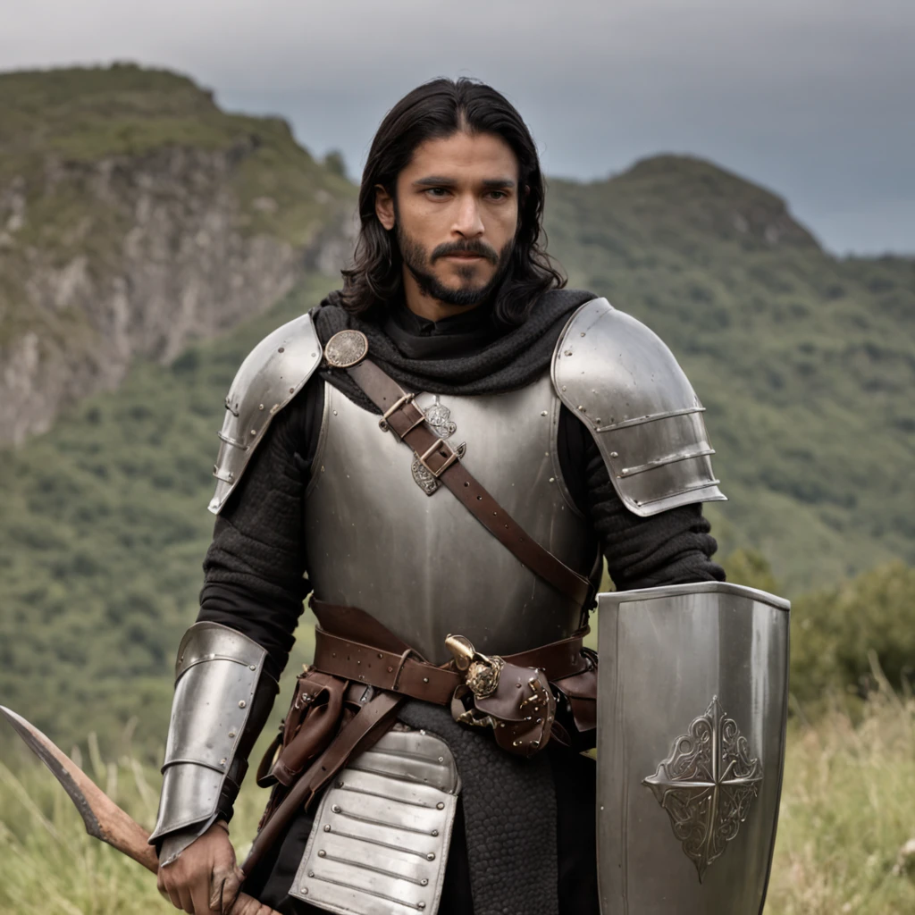 Image of a medieval knight standing on a bridge, segurando uma espada e um escudo. He is wearing heavy armor and has long, black hair. The background is a dark and rocky landscape.
The knight is wearing a heavy armor that is made of metal and leather. Ele tem um capacete com uma crista alta e uma viseira que cobre o rosto. He is also using a sword and a shield. The sword is long and sharp, and the shield is large and round. O cavaleiro tem o cabelo longo e preto, and is wearing a beard. The background is a dark and rocky landscape. There are mountains on the horizon, and there are trees and shrubs in the foreground. The sky is overcast, and there is a dim sunlight.
The art style is cell shading, which is a technique that uses flat colors and strong lines to create a cartoon effect. The cell shading effect is used to give the knight a dark and gothic appearance.