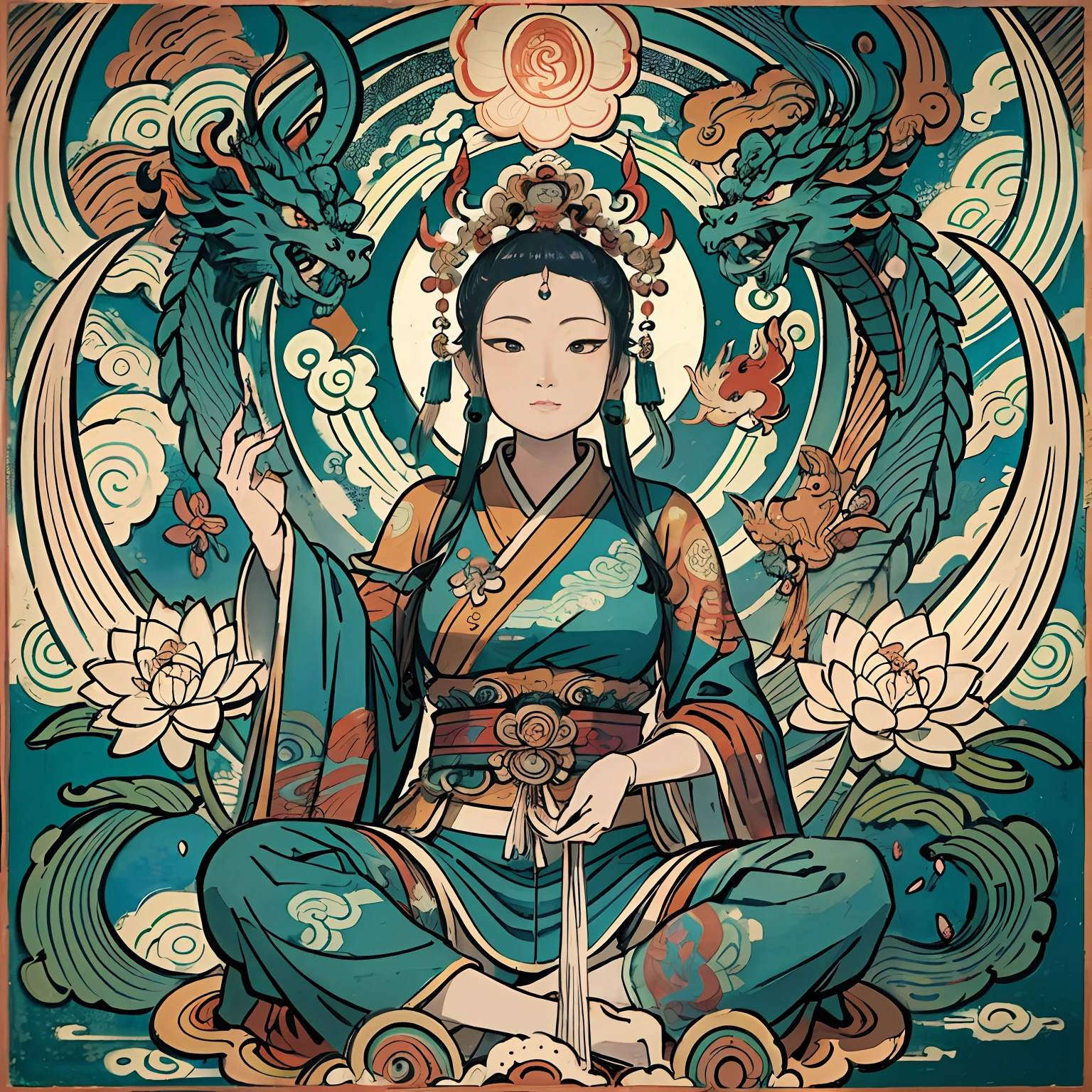 an ancient Chinese goddess, guanyin of the southern seas, Guanyin, Inspired by India, Avalokiteshvara rides a dragon,,Serene expression,shui mo hua,Buddha,Buddhist,Lotus,Chinese painting style,Thangka style