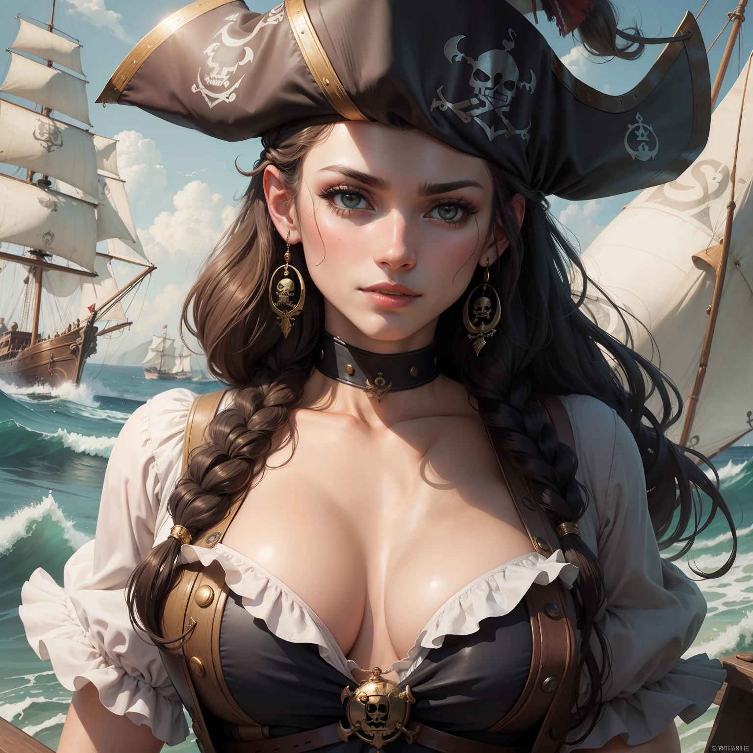 Portrait of an alluring sailor woman from the pirate era, rugged allure.