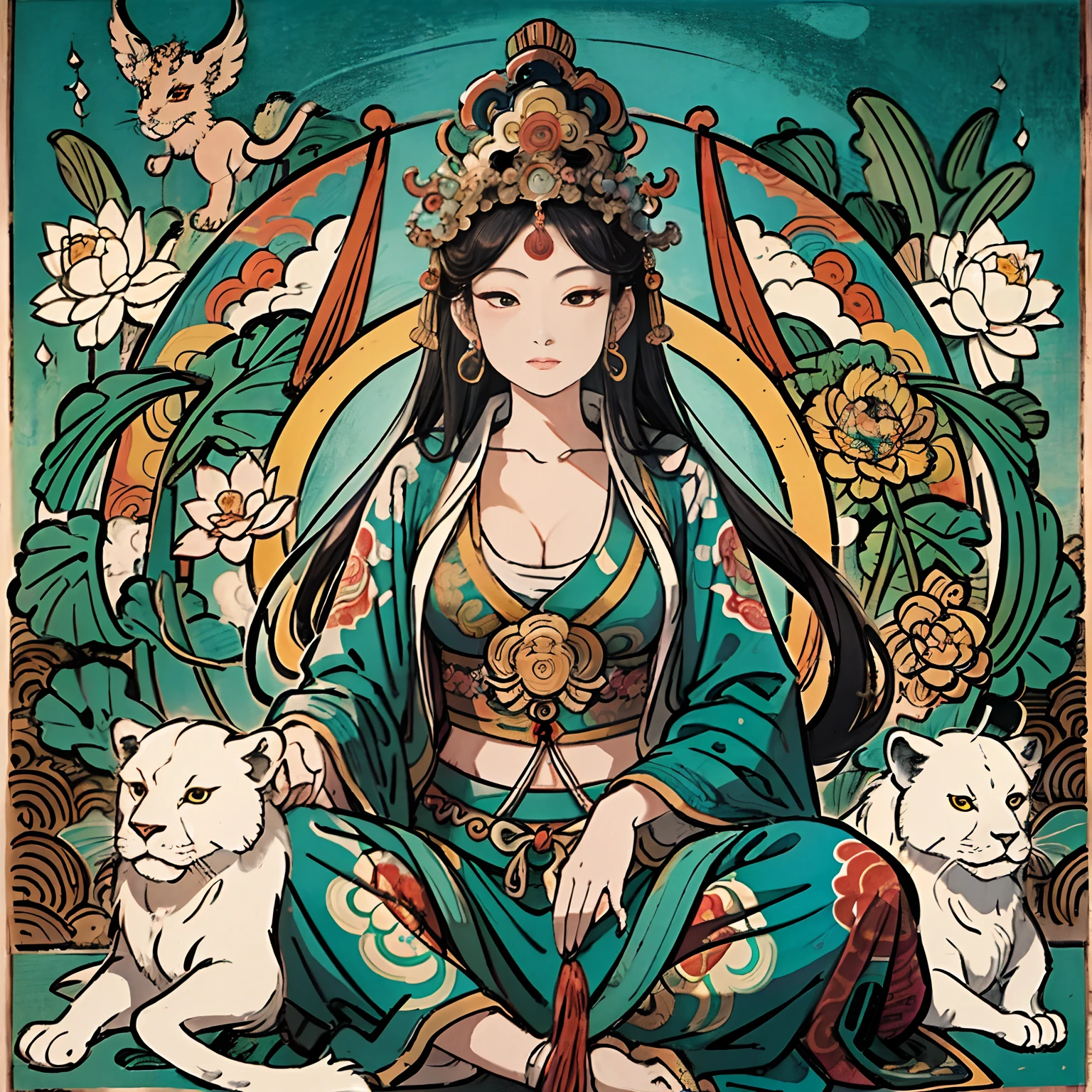 an ancient Chinese goddess, guanyin of the southern seas, Guanyin, Inspired by India, Avalokiteshvara rides a lion，,Serene expression,shui mo hua,Buddha,Buddhist,Lotus,Chinese painting style,Thangka style