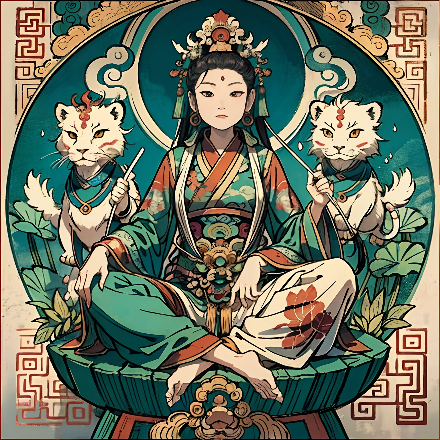 an ancient Chinese goddess, guanyin of the southern seas, Guanyin, Inspired by India, Avalokiteshvara rides a lion，,Serene expression,shui mo hua,Buddha,Buddhist,Lotus,Chinese painting style,Thangka style
