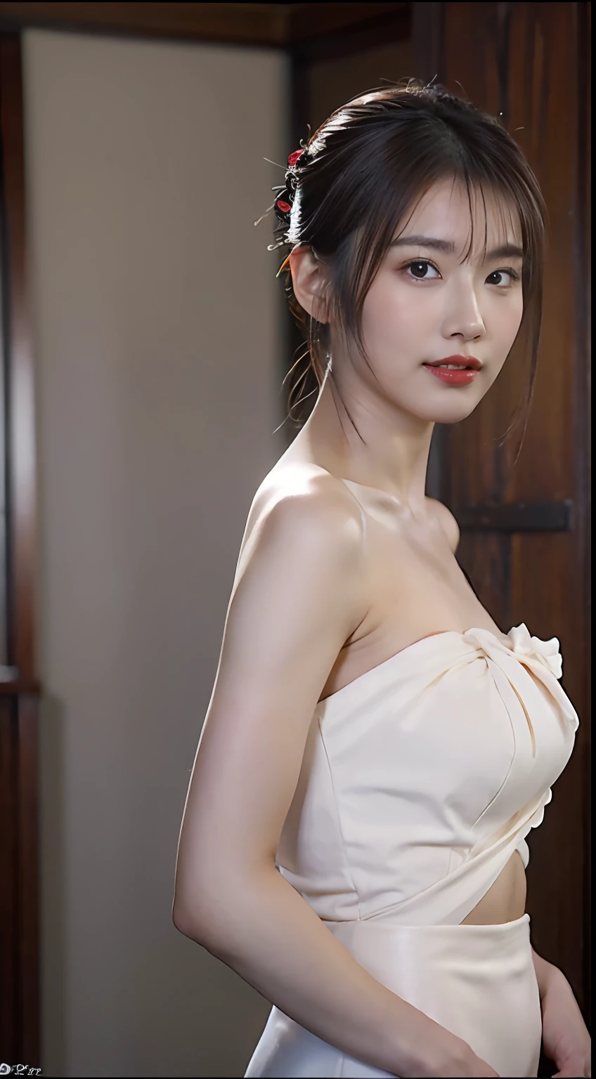 ((masterpiece, Highest quality, Best image quality, High resolution, Realistic, RAW Photos, 8K)), Photorealistic, Woman in evening dress, 60-year-old woman, ( Facial wrinkles, Wrinkles around the eyes, Irritated skin, Nasolabial folds, (Beautiful and realistic Japanese:1.3), Beautiful Face, Elegant face, Japanese Actress, Beautiful woman, In detail, double eyelid, Perfect dynamic composition, Beautiful woman with perfect body:1.4、Beautiful mature woman with beautiful details, Highly detailed eyes and face, ((Beautiful eyes in every detail)), Delicate features, Complete limbs、Full Finger、Long hair tied back, Jeweled wig, Long gloves, Glass Slipper, Bare shoulders, Bare back, Looking back from halfway up the wide staircase leading to the castle, Look down,