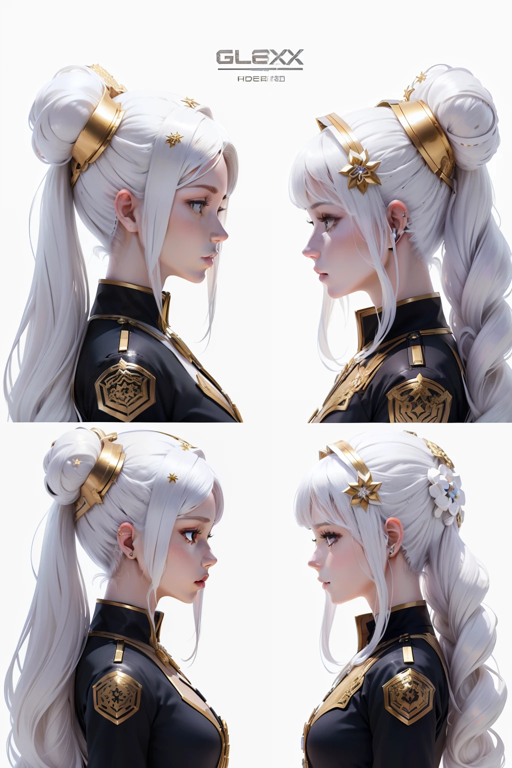 galaxy flower gold hair piece, side hair ((from ear to back hair)), white hair, head only (((detailed character sheet, frontal view, side view, three quarter view))) (((white background)))