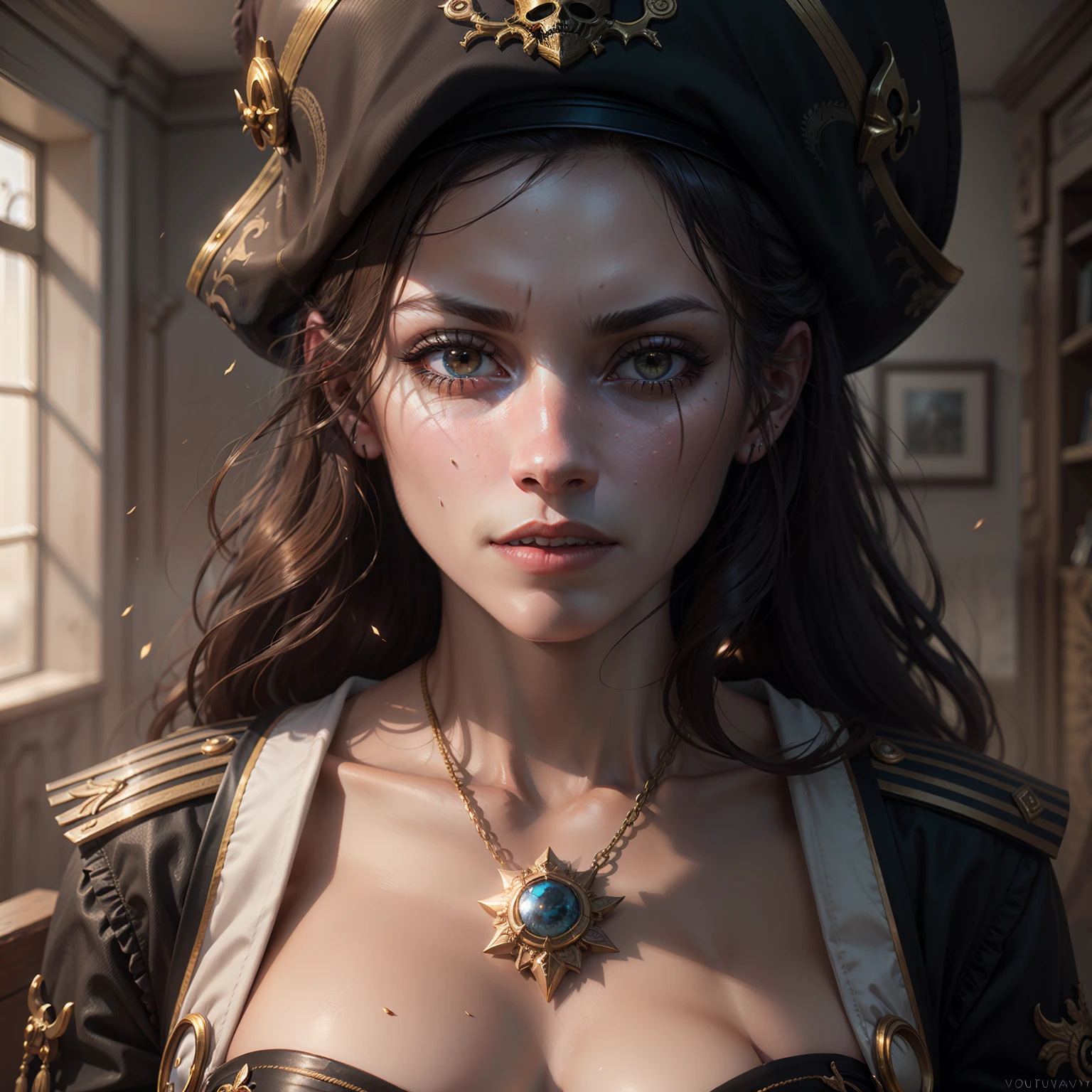 Photorealistic portrait of a sailor woman from the pirate era, dark fantasy, scary and dangerous, intricate details, detailed face, hyperrealistic, masterpiece, volumetric lighting, HDR, rich colors, golden ratio, unreal engine, deviantart