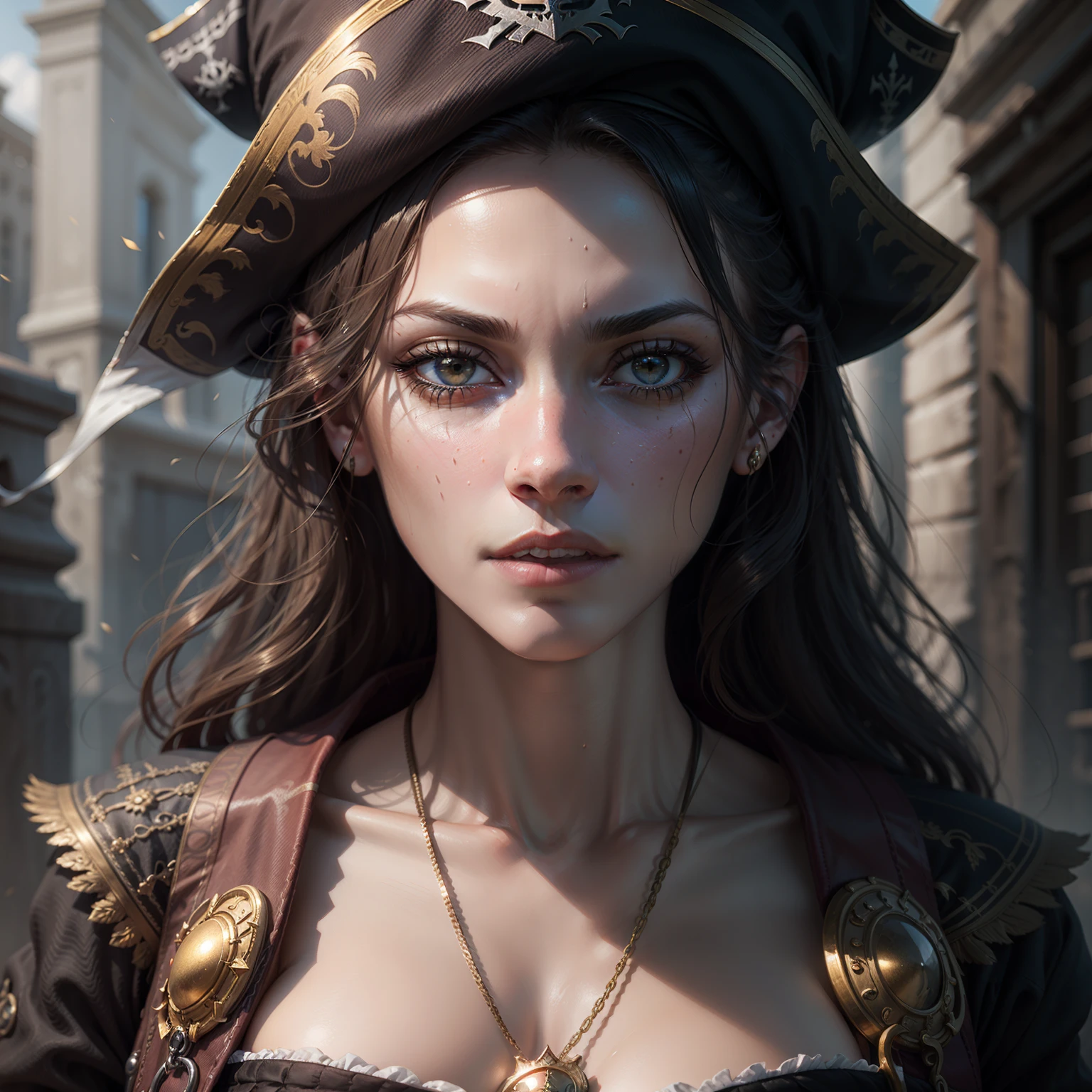 Photorealistic portrait of a sailor woman from the pirate era, dark fantasy, scary and dangerous, intricate details, detailed face, hyperrealistic, masterpiece, volumetric lighting, HDR, rich colors, golden ratio, unreal engine, deviantart