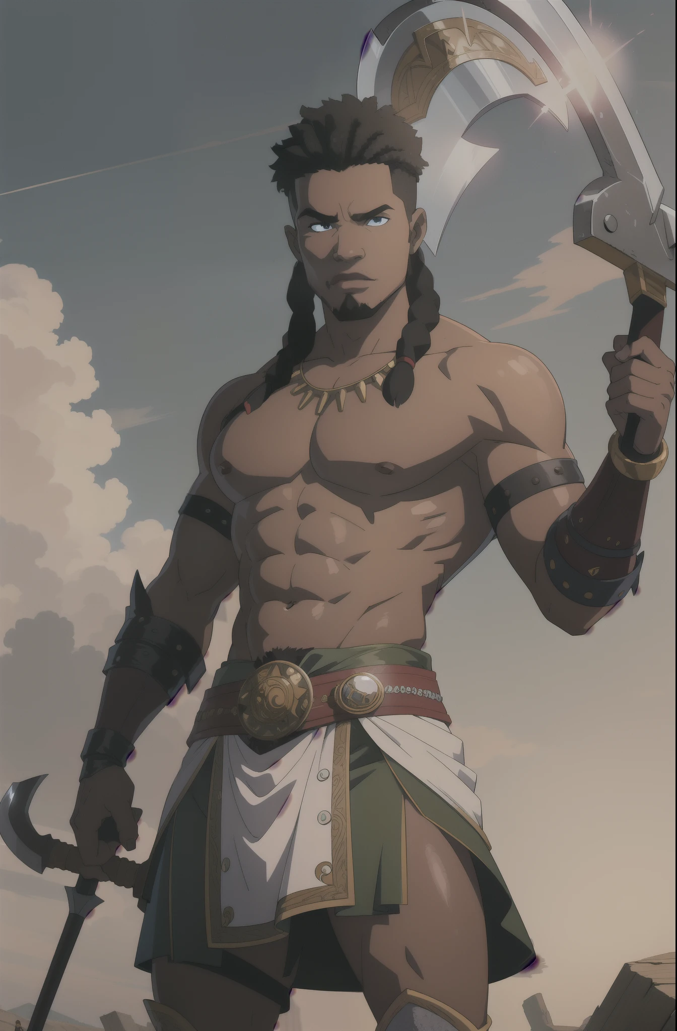 African male warrior tribe god of thunder holding viking double axe, short hair, looking forward,