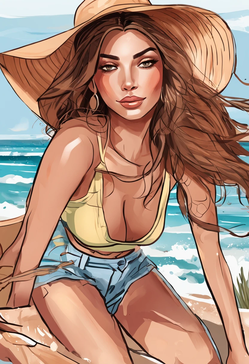 mulher com cabelo encaracolado preto, Olhos detalhados, top rosa e shorts jeans na praia, in digital illustration style, Beautiful digital illustration, stunning digital illustration, em estilo de arte bowater, stylized digital illustration, exquisite digital illustration, bela arte digital, realistic digital illustration, style cartoon illustration, detailed digital illustration, estilo bonito dos desenhos animados, arte vetorial altamente detalhada, Trend in Artstraction