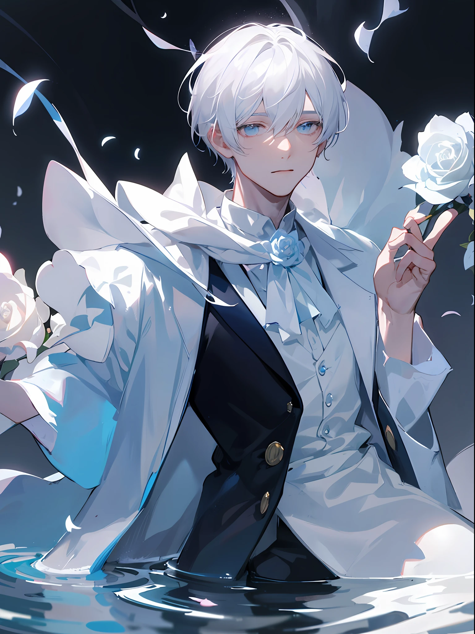 1boy,Male,Young man,Pale teenager,(((Rose blanche))),white shirt,((bandagens)),bloods,The screen contrast is low,High brightness,White hair,Rose flower,bloods,Light blue leaves,softlighting,misterious ambience,Flood