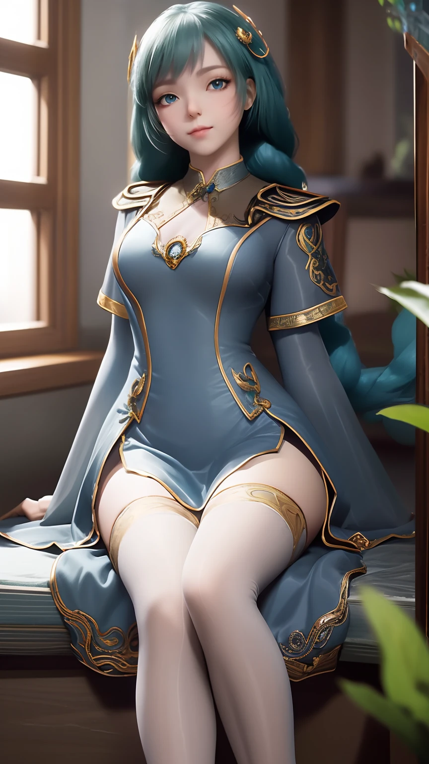 Arad woman in blue dress sitting on windowsill, cute anime waifu in a nice dress, trending on cgstation, 8K high quality detailed art, anime barbie in white stockings, highly detailed exquisite fanart, Extremely detailed Artgerm, the anime girl is crouching, flowing magical robe, beautiful and seductive anime woman, WLOP and Sakimichan