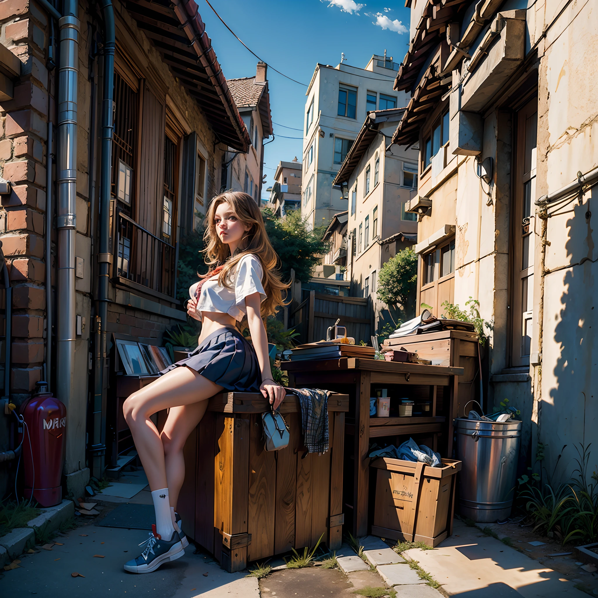 (masterpiece, top quality, best quality, official art, beautiful and aesthetic:1.2), (1girl), extreme detailed,(fractal art:1.3),colorful,highest detailed, (melissa benoist), urban city street scenario, river, nature and city, huge breasts, ((high school uniform)), ((anime style))