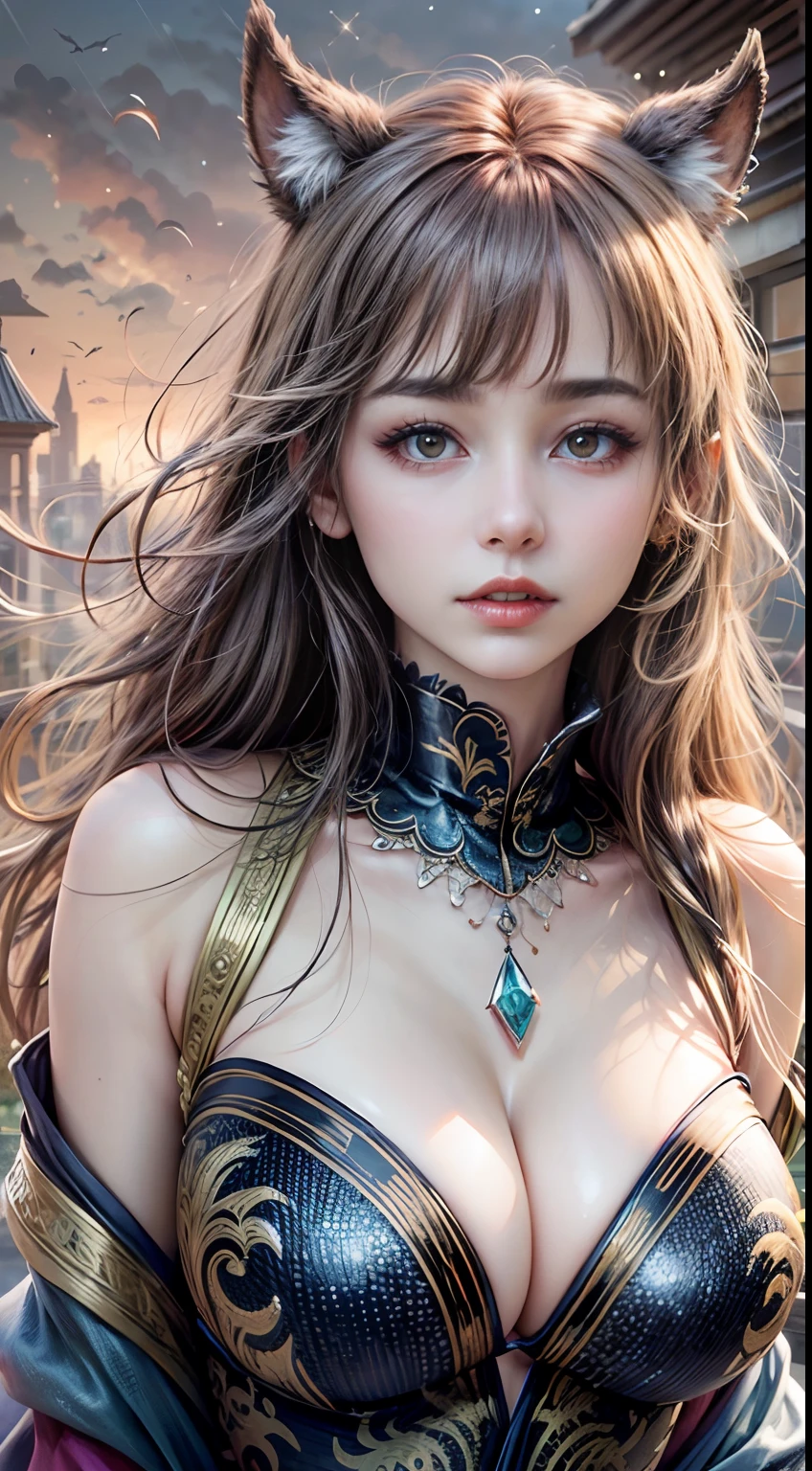 master part, (best quality:1.4), Realistic, extremamente detalhado CG unificado 8k wallpaper, Extremamente detalhado, high-definition RAW color photos, fotografia profissional, Realistic portrait, Cinematic light, lindo detalhado, mulher (nu:1.5), lindos seios grandes, detalhes das mamas, mamas expostas, (clivagem da mama:1.2), rabo de cavalo curto, (cara fina:1.2), cabelos longos, Close up retrato de uma menina em um quimono completamente transparente com a frente aberta, bareshoulders, (quimono completamente transparente com peito bem aberto:1.4), peito aberto, despir、Cute kimono with the image of a dragon, no-bra, sem calcinha, (Detalhes Cameltoe), (with super huge dragon), (Super huge and fierce dragon in the background:1.2), black dragon, Dragon Details, ((Countless sparkling jewels, Myriad of shiny jewels)), arte de fantasia, ao ar livre, Detalhes altamente complexos, Intrinsically interwoven, fluttering in the sky, com vista para as nuvens, chamas crescentes, A desperate crisis situation, realismo transcendente,