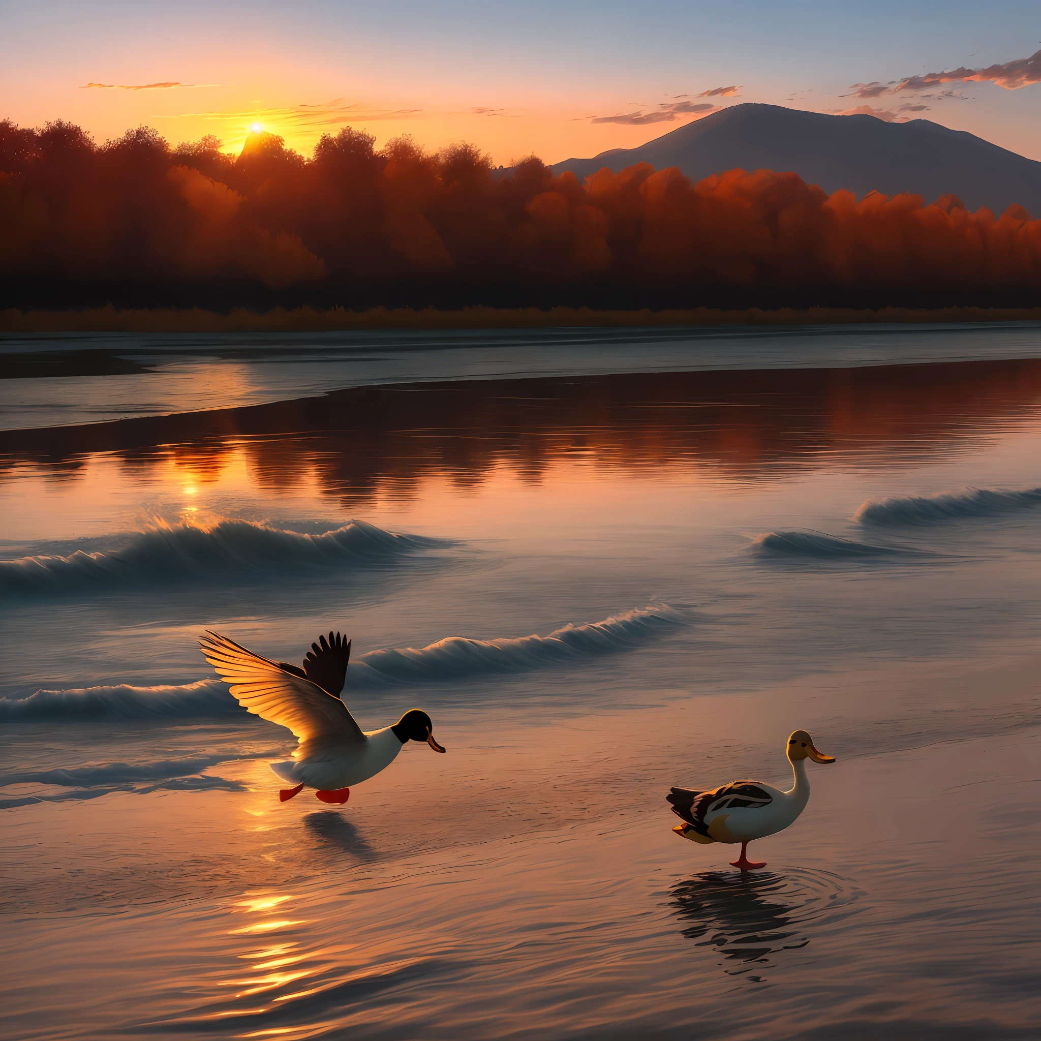 The sunset and the lone duck fly together, and the autumn water is the same color as the sky