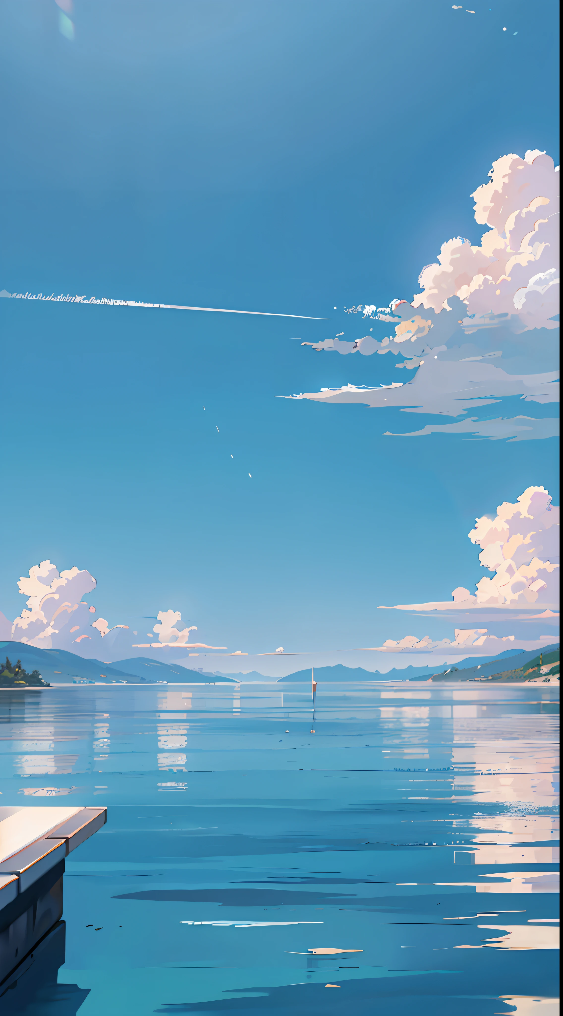 no humans, scenery, vanishing point, from below, masterpiece, best quality, 8k, absurdres, water surface, summer, noon, sunlight, blue sky, perspective, depth of field, highres, finely detail, ultra-detailed, sharp focus