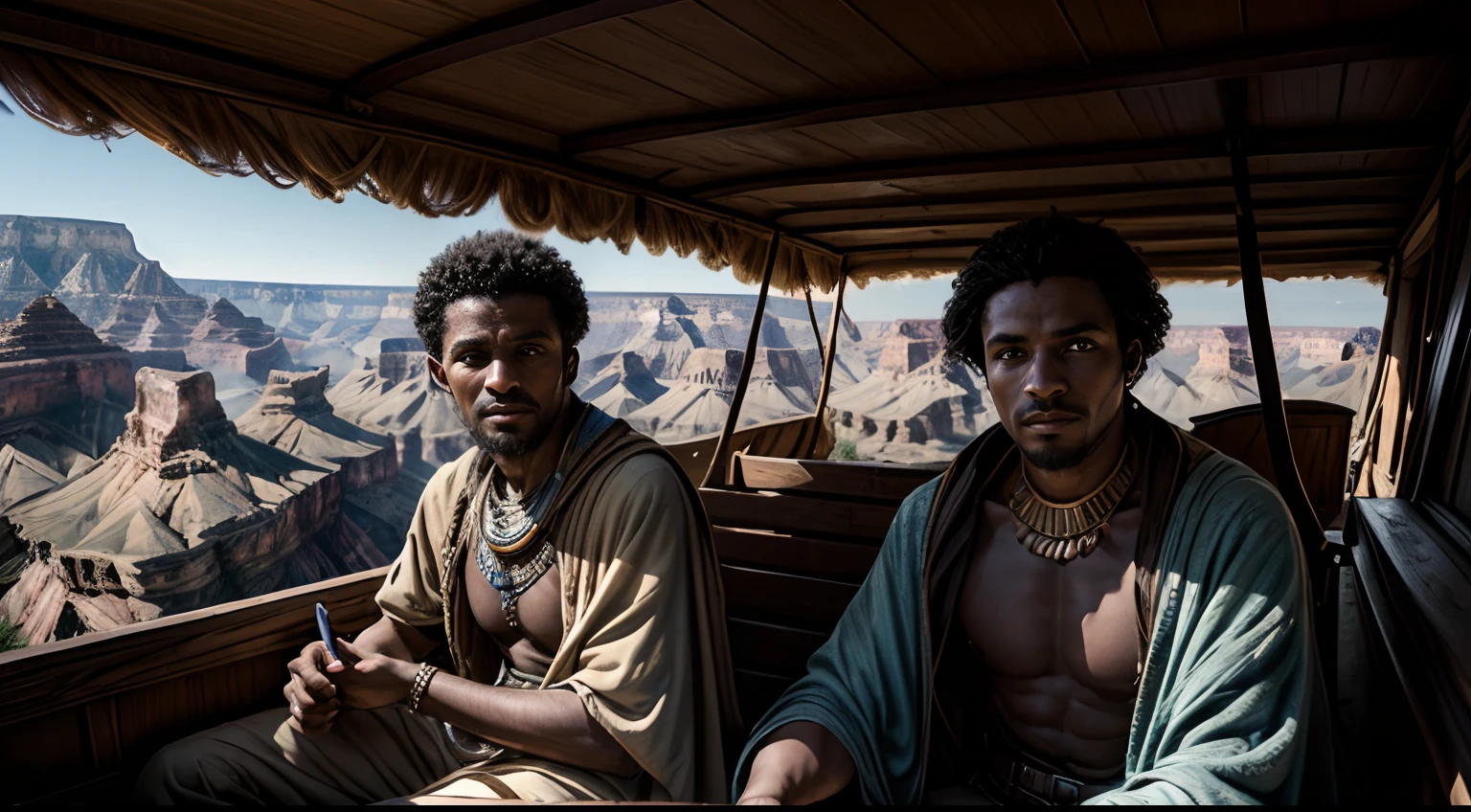 masterpiece, Highly detailed, super realistic, detailed background, bright Lighting, Daylight,
2mens,(20 years old Ancient Egyptian dark skin merchants),
(Two young merchants in a covered wagon traveling at the bottom of the Grand Canyon),