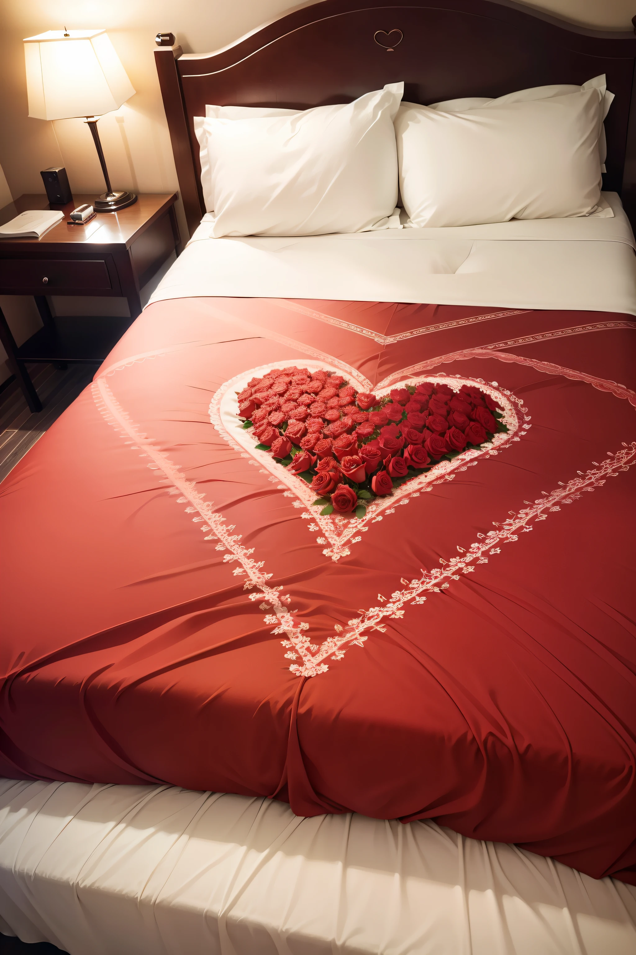 Hotel double bed，It is sprinkled with roses，Make a heart pattern with roses。