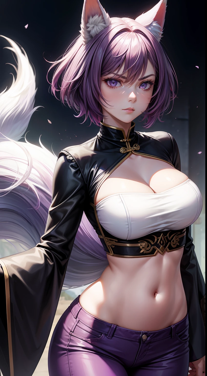Adult woman, short purple hair with white strands, Fox ears, violet eyes, Chinese Battle Dress, neckline on the chest, open belly, tight pants, Fox tails, angry, Masterpiece, hiquality