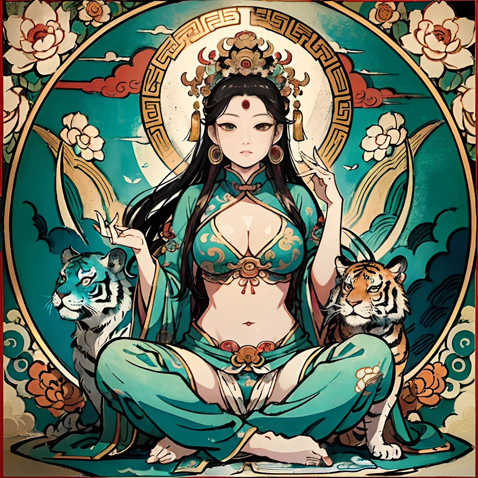 an ancient Chinese goddess, guanyin of the southern seas, Guanyin, Inspired by India, Avalokiteshvara rides a tiger,,Serene expression,shui mo hua,Buddha,Buddhist,Lotus,Chinese painting style,Thangka style