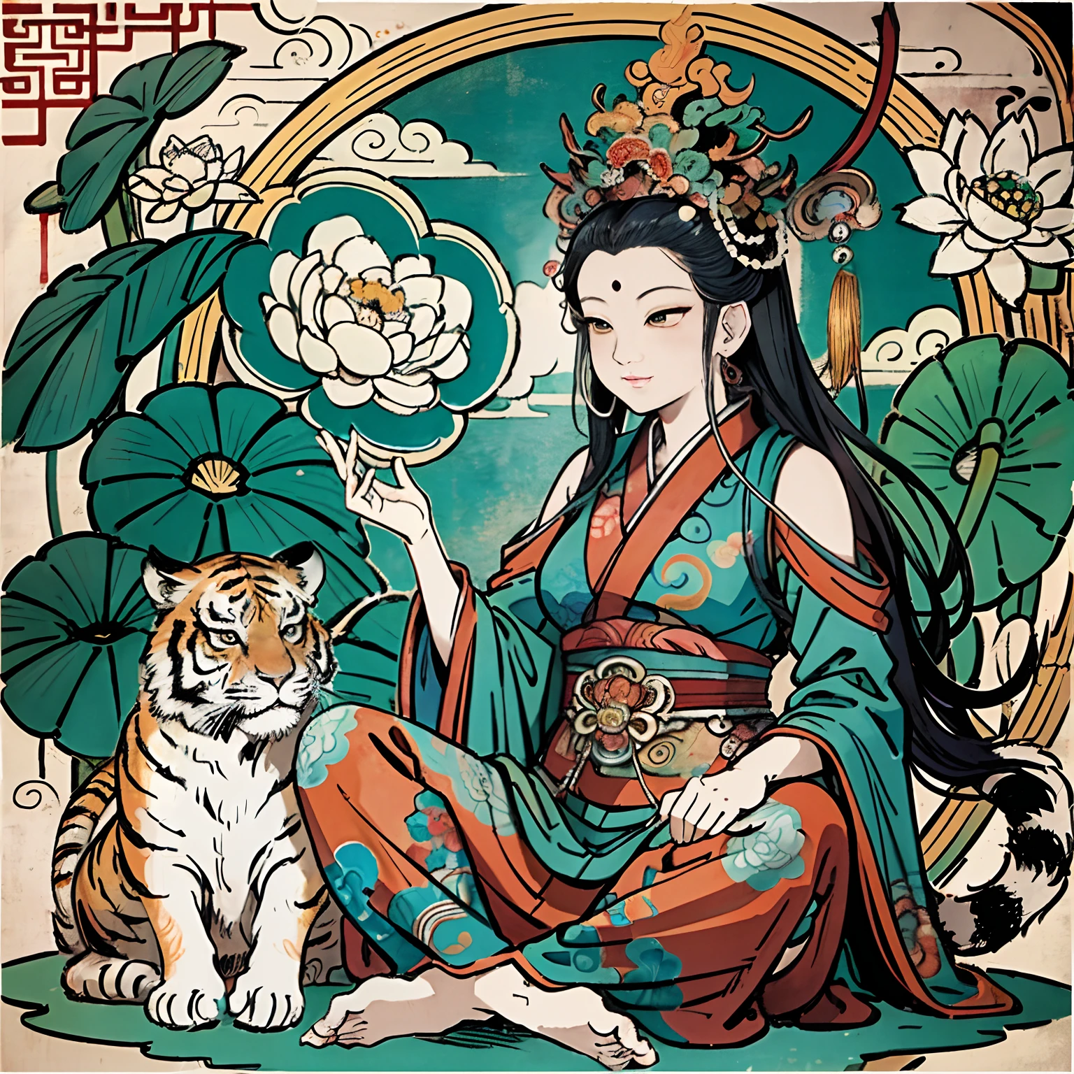 an ancient Chinese goddess, guanyin of the southern seas, Guanyin, Inspired by India, Avalokiteshvara rides a tiger，,Serene expression,shui mo hua,Buddha,Buddhist,Lotus,Chinese painting style,Thangka style